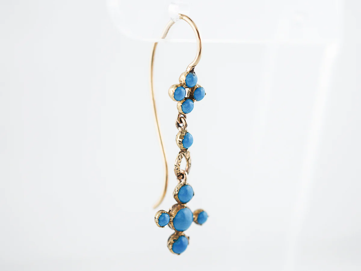 Antique Dangle Earrings Georgian Cabochon Cut Persian Turquoise in 14k & 18 Yellow Gold - Image 4