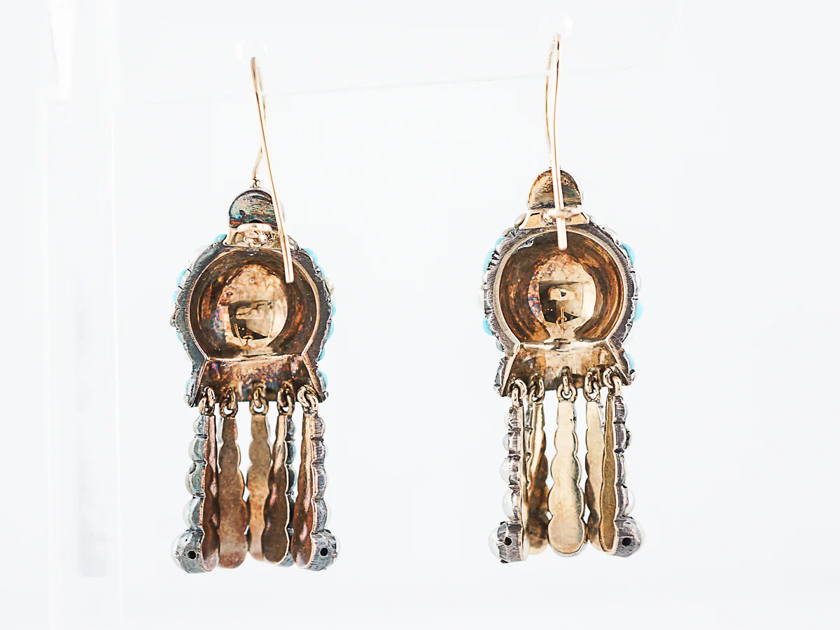 Antique Dangle Earrings Victorian Cabochon Cut Turquoise & Pearls in 14/15K Yellow Gold - Image 4