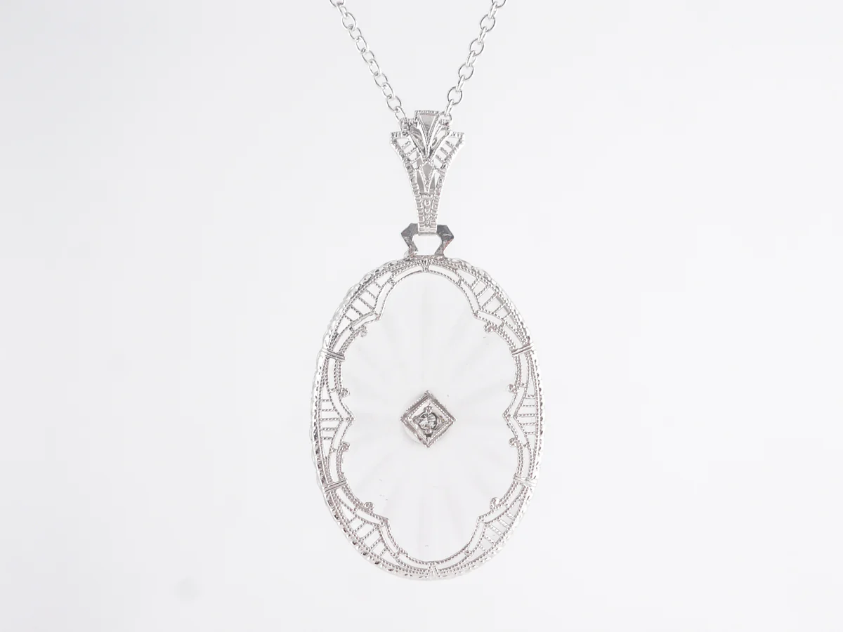 Antique Deco Camphor Glass Necklace in 14k White Gold