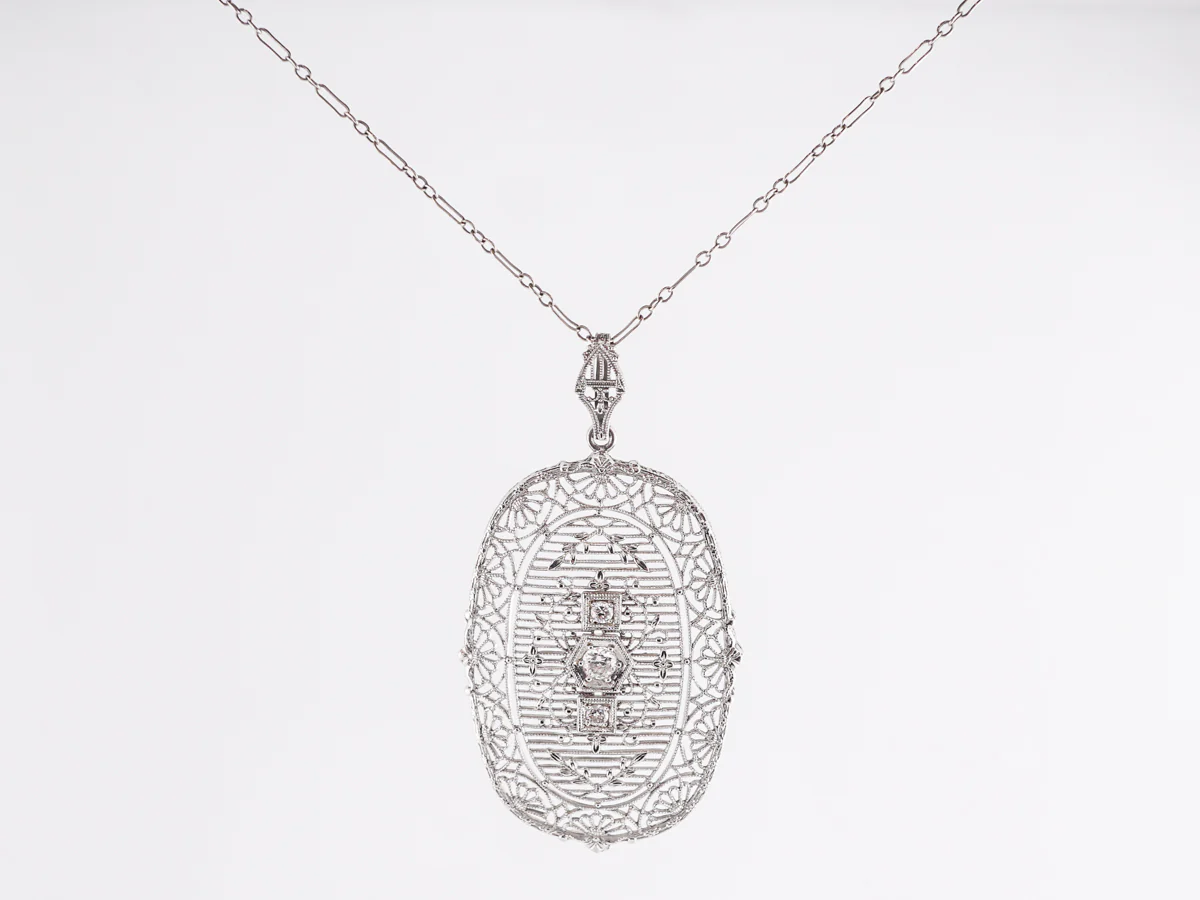 Antique Deco Filigree Pendant Necklace in 14k White Gold