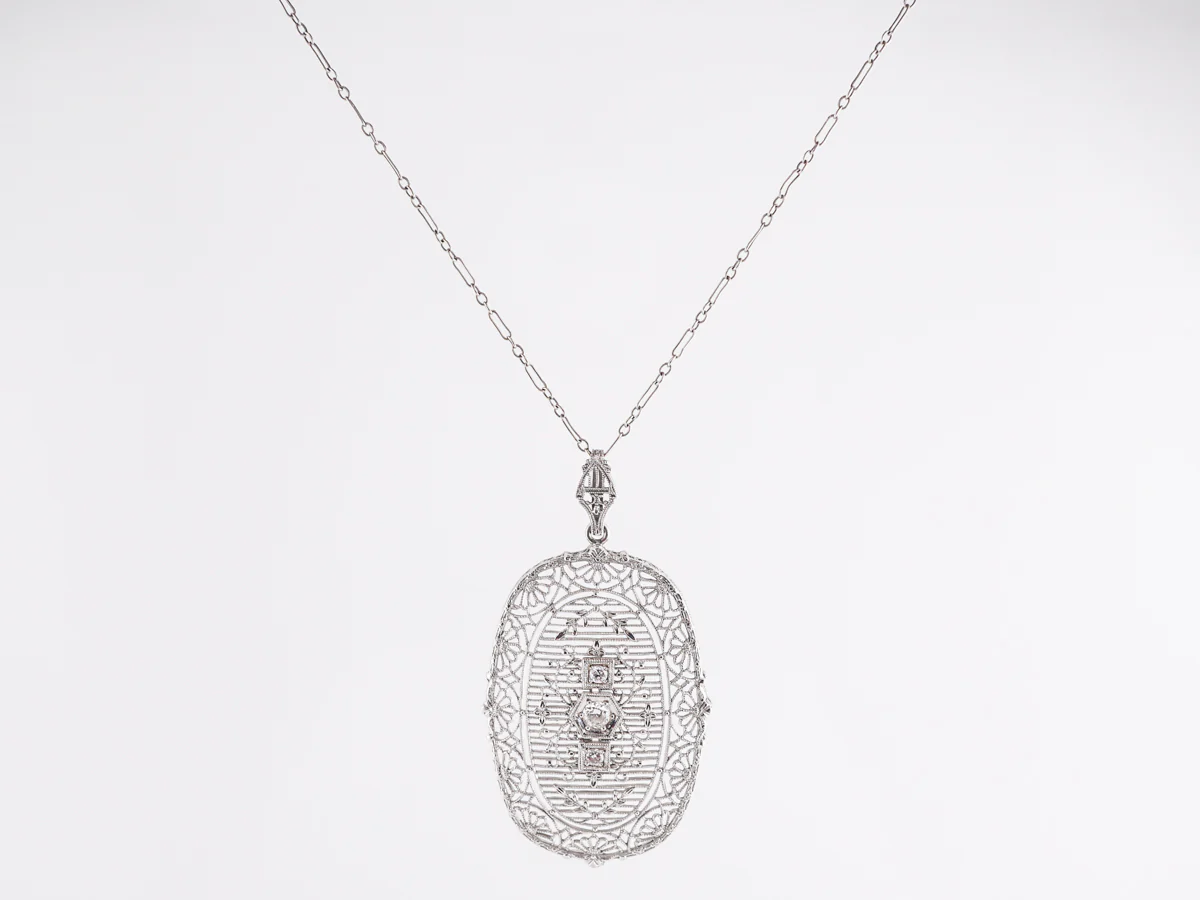 Antique Deco Filigree Pendant Necklace in 14k White Gold - Image 2