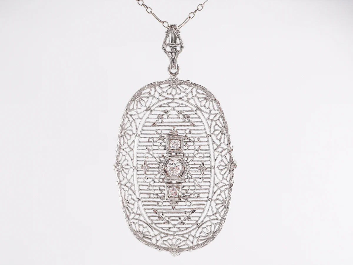 Antique Deco Filigree Pendant Necklace in 14k White Gold - Image 3