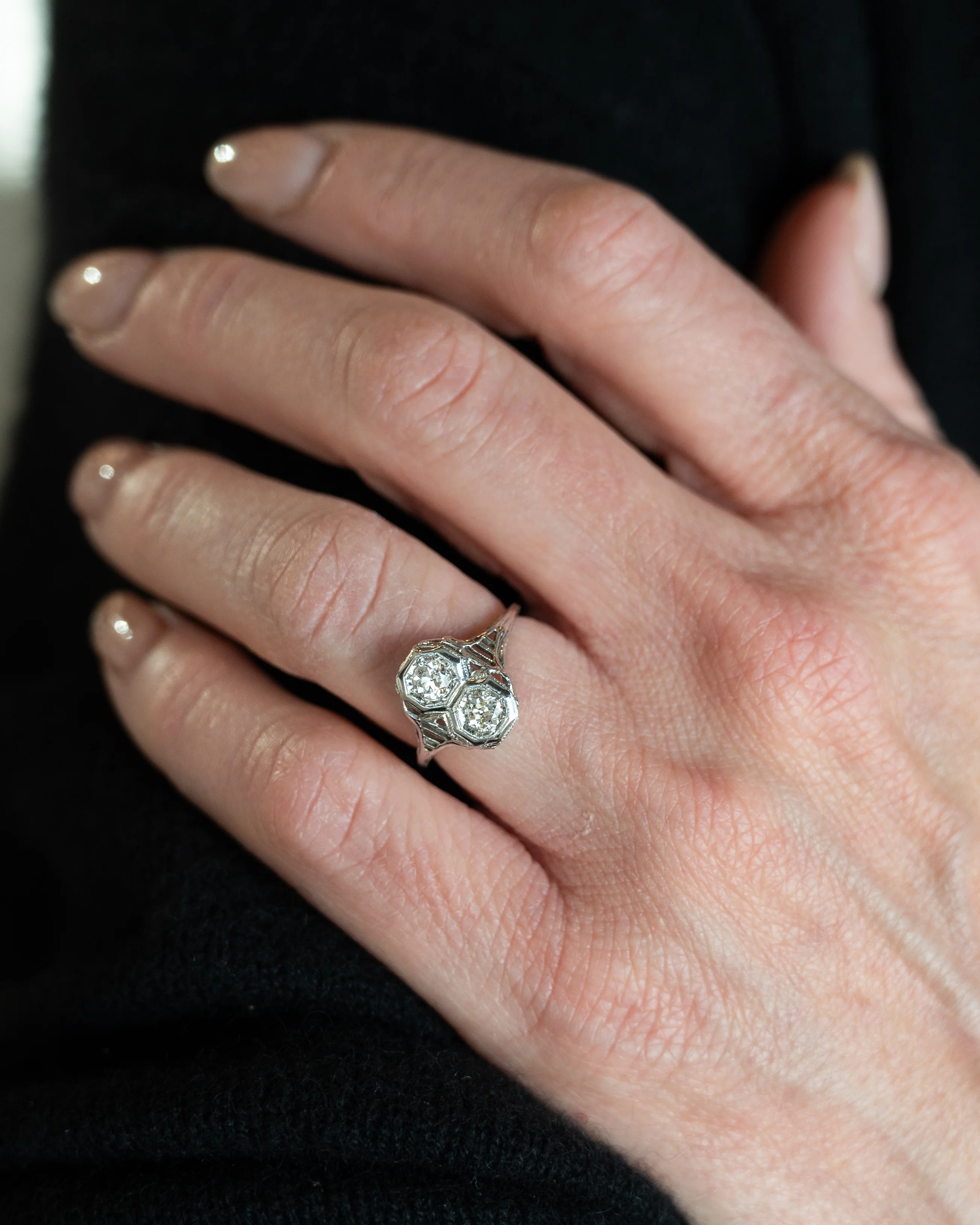 Antique Deco Toi Et Moi Diamond Engagement Ring 18k - Image 7