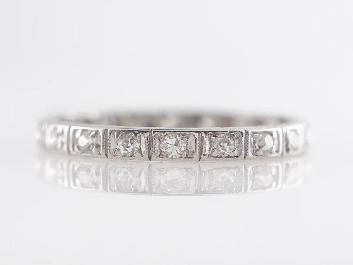 Antique Diamond & Engraved Wedding Band in 18k White Gold