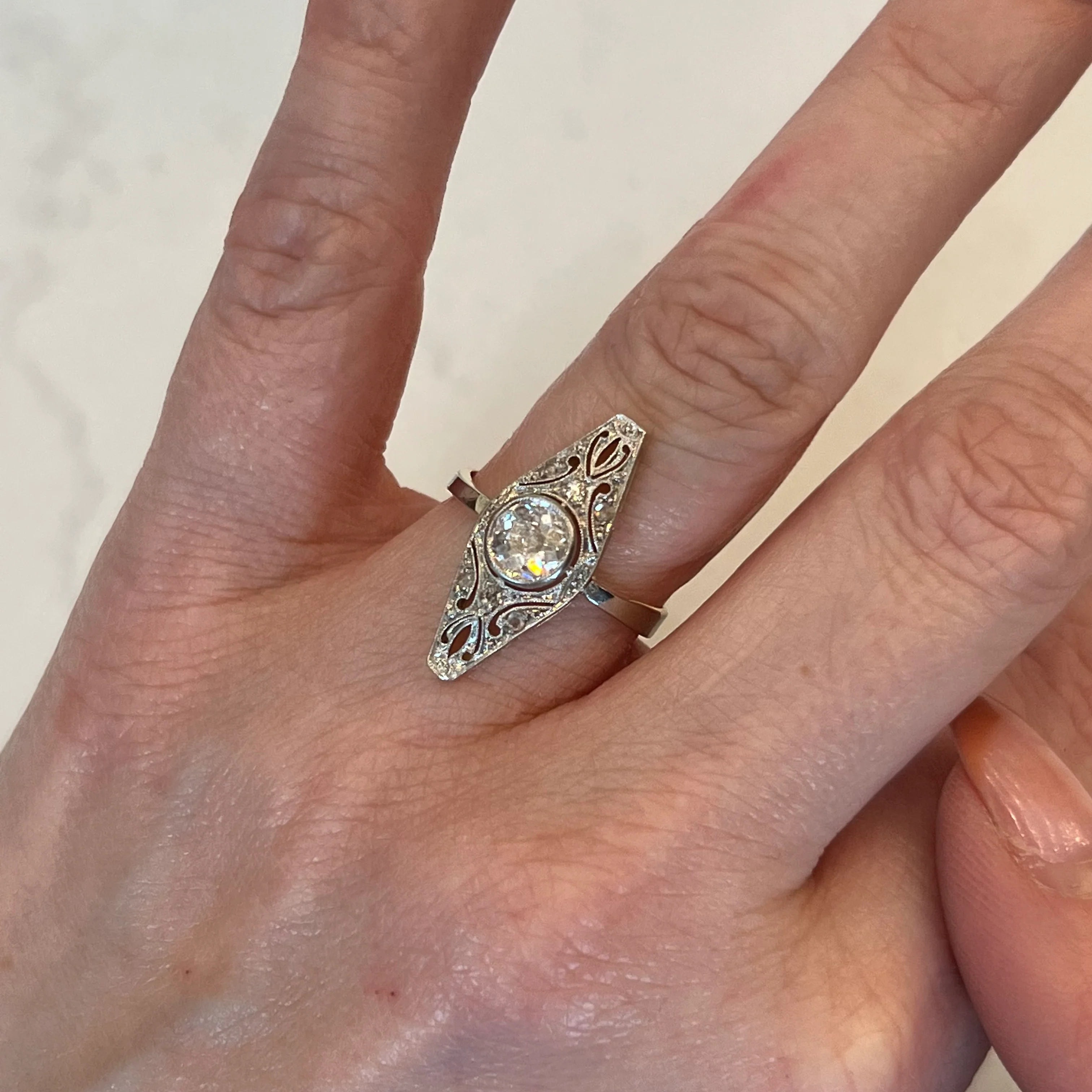 Antique Diamond Navette Ring in White & Yellow Gold - Image 6