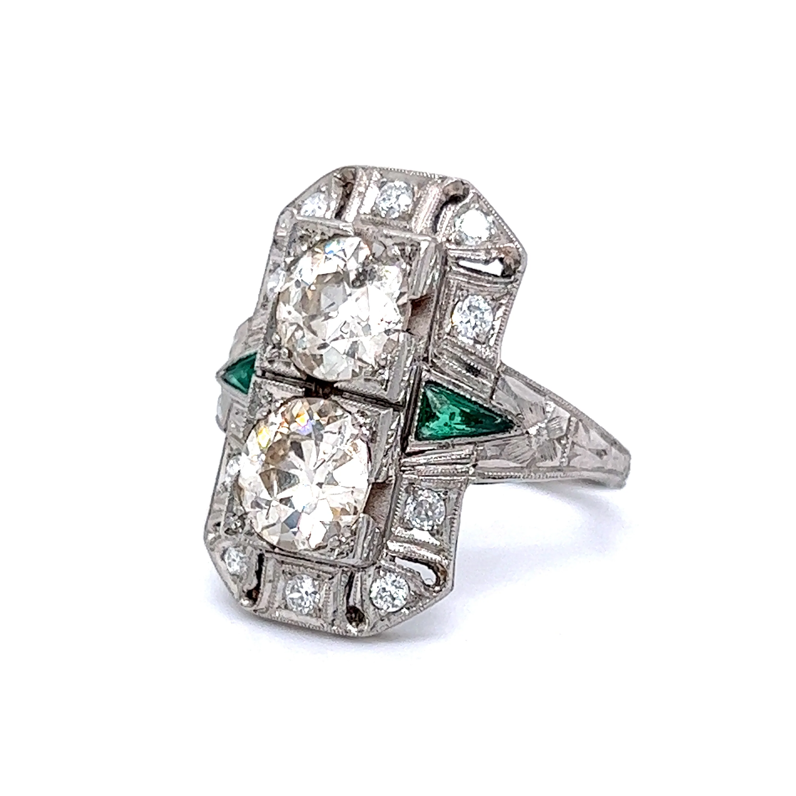 Antique Double Diamond & Emerald Cocktail Ring in Platinum - Image 2