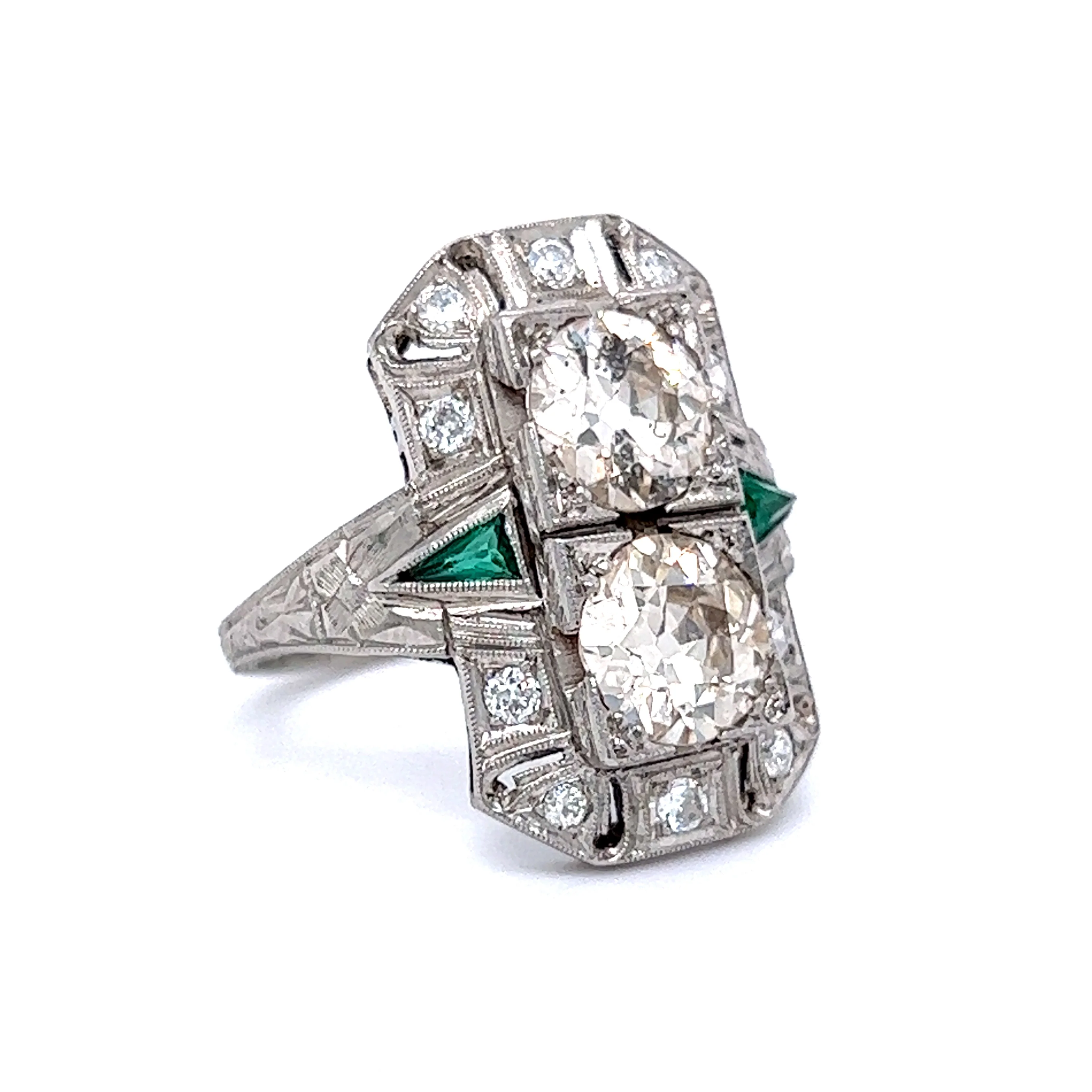 Antique Double Diamond & Emerald Cocktail Ring in Platinum - Image 3
