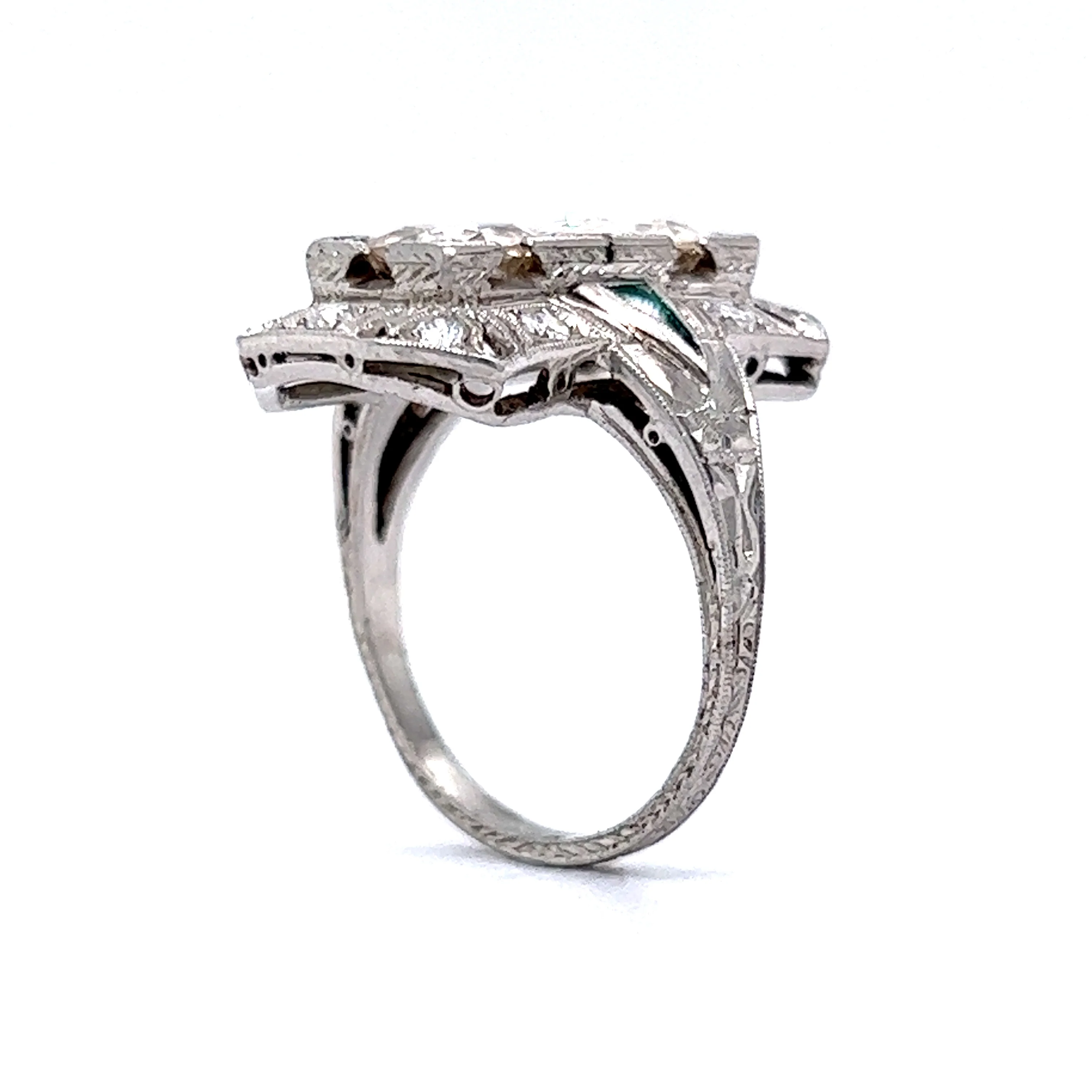 Antique Double Diamond & Emerald Cocktail Ring in Platinum - Image 5