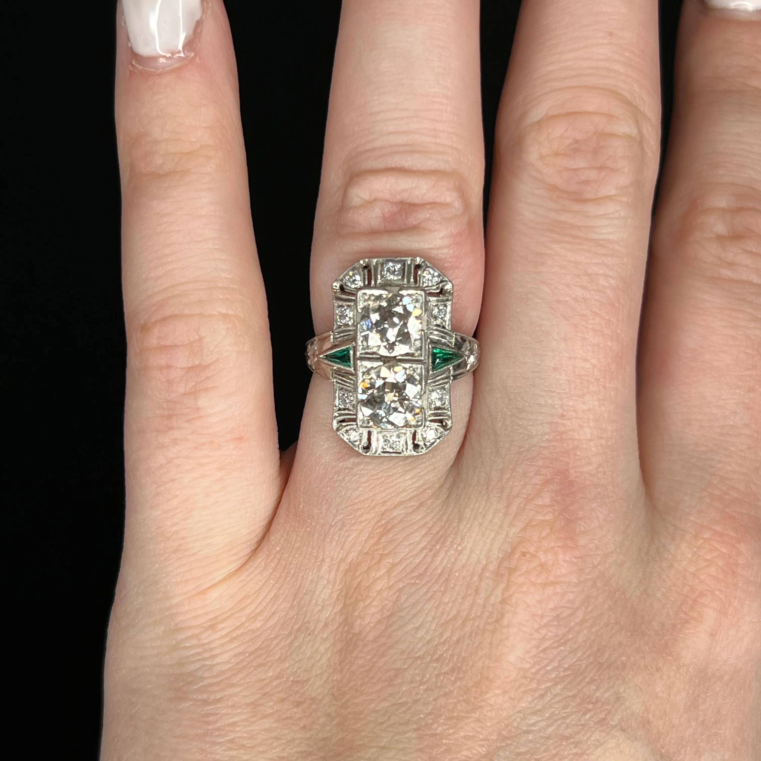 Antique Double Diamond & Emerald Cocktail Ring in Platinum - Image 6