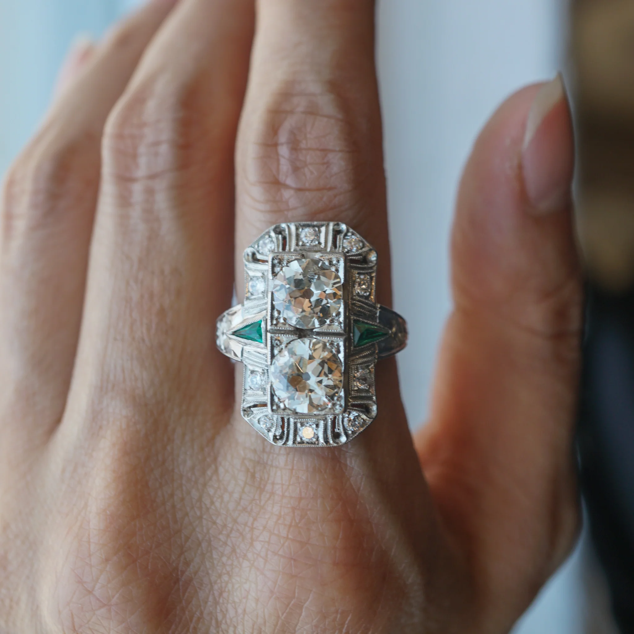 Antique Double Diamond & Emerald Cocktail Ring in Platinum - Image 8