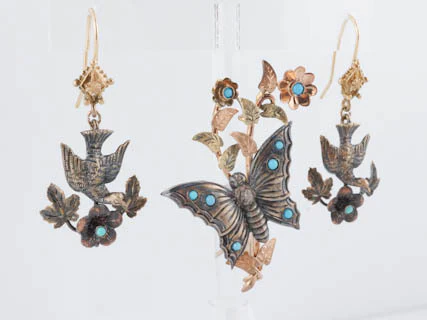 Victorian Earring and Brooch Set in Sterling Silver and 14k Rose Gold - Image 2