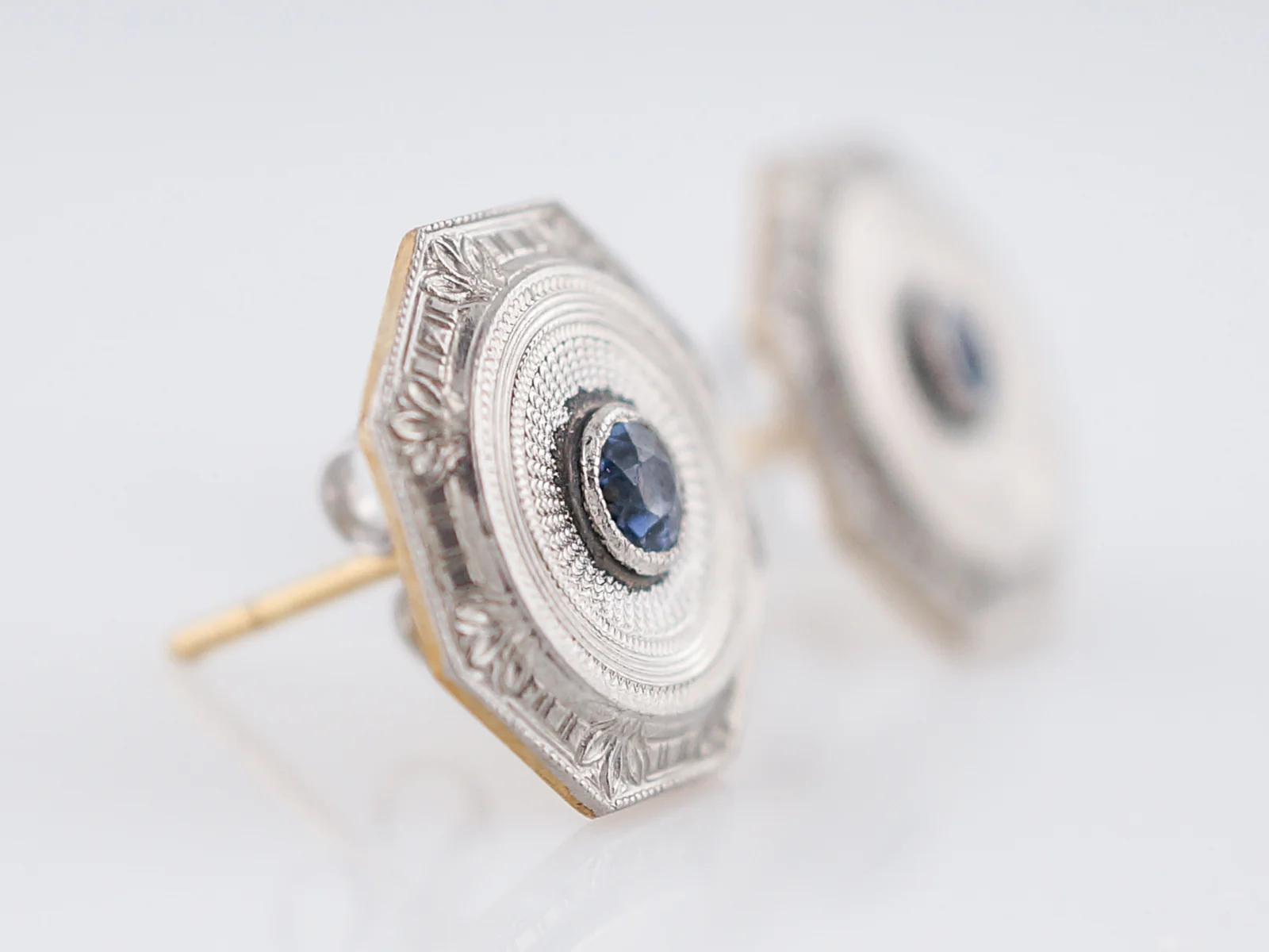 Antique Earrings Art Deco .25 Old European Cut Sapphire in Platinum & 14k Yellow Gold - Image 2
