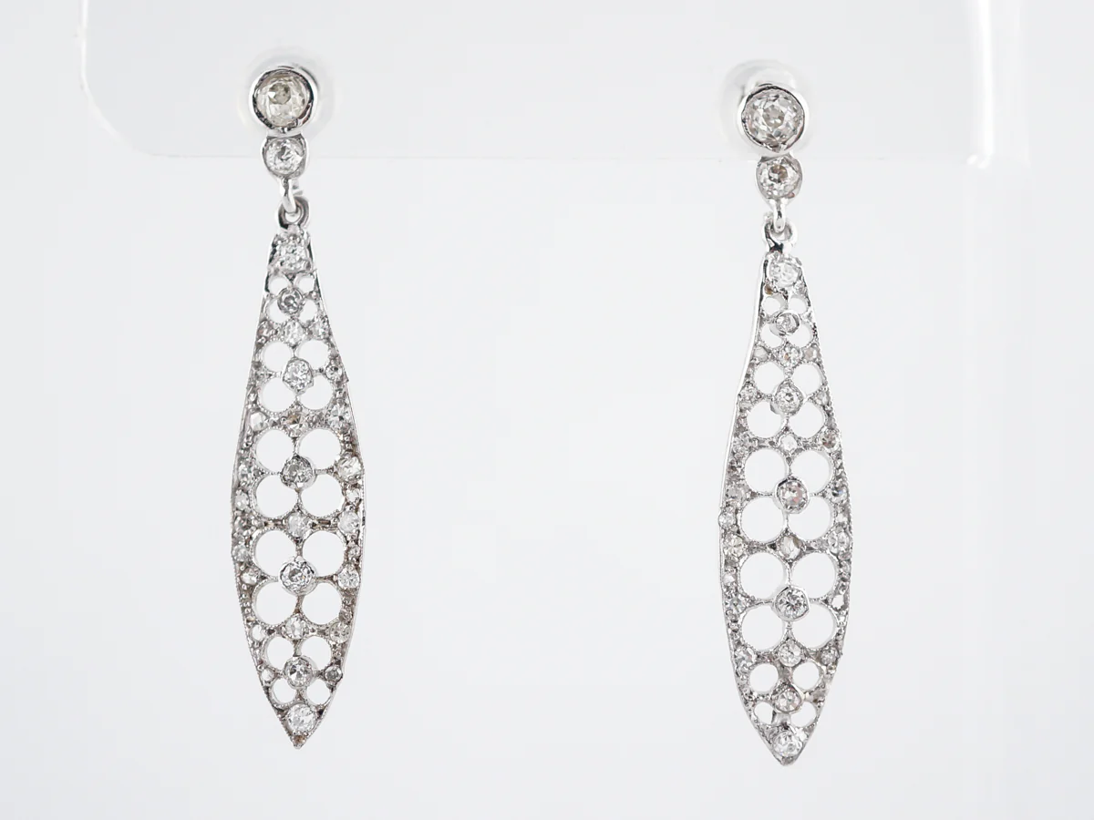 Antique Earrings Art Deco .61 Single & Rose Cut Diamonds in 18k White Gold