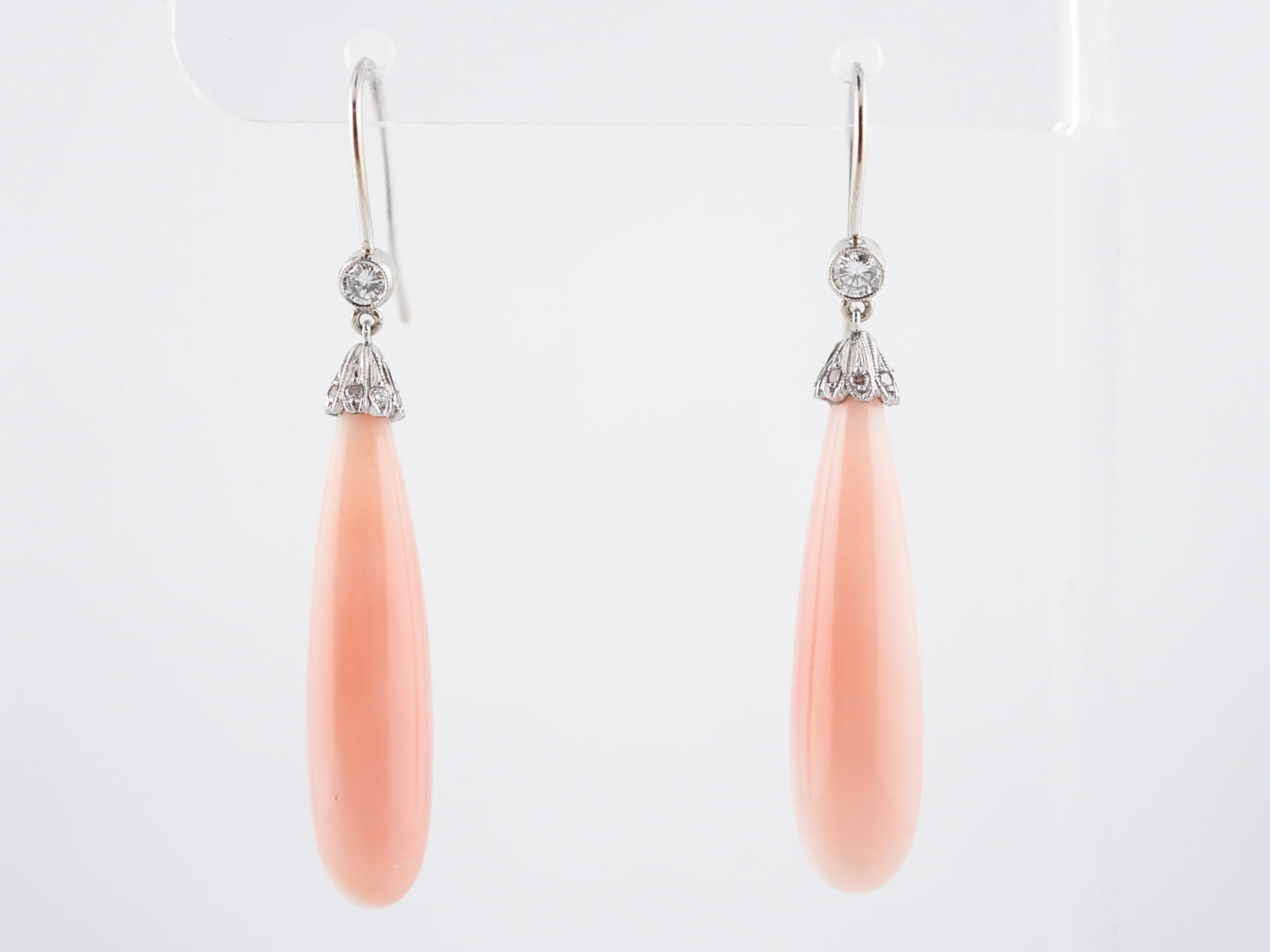 Antique Earrings Art Deco Cabochon Cut Angel Skin Coral & .22 Round Brilliant Cut Diamonds in 18K White Gold