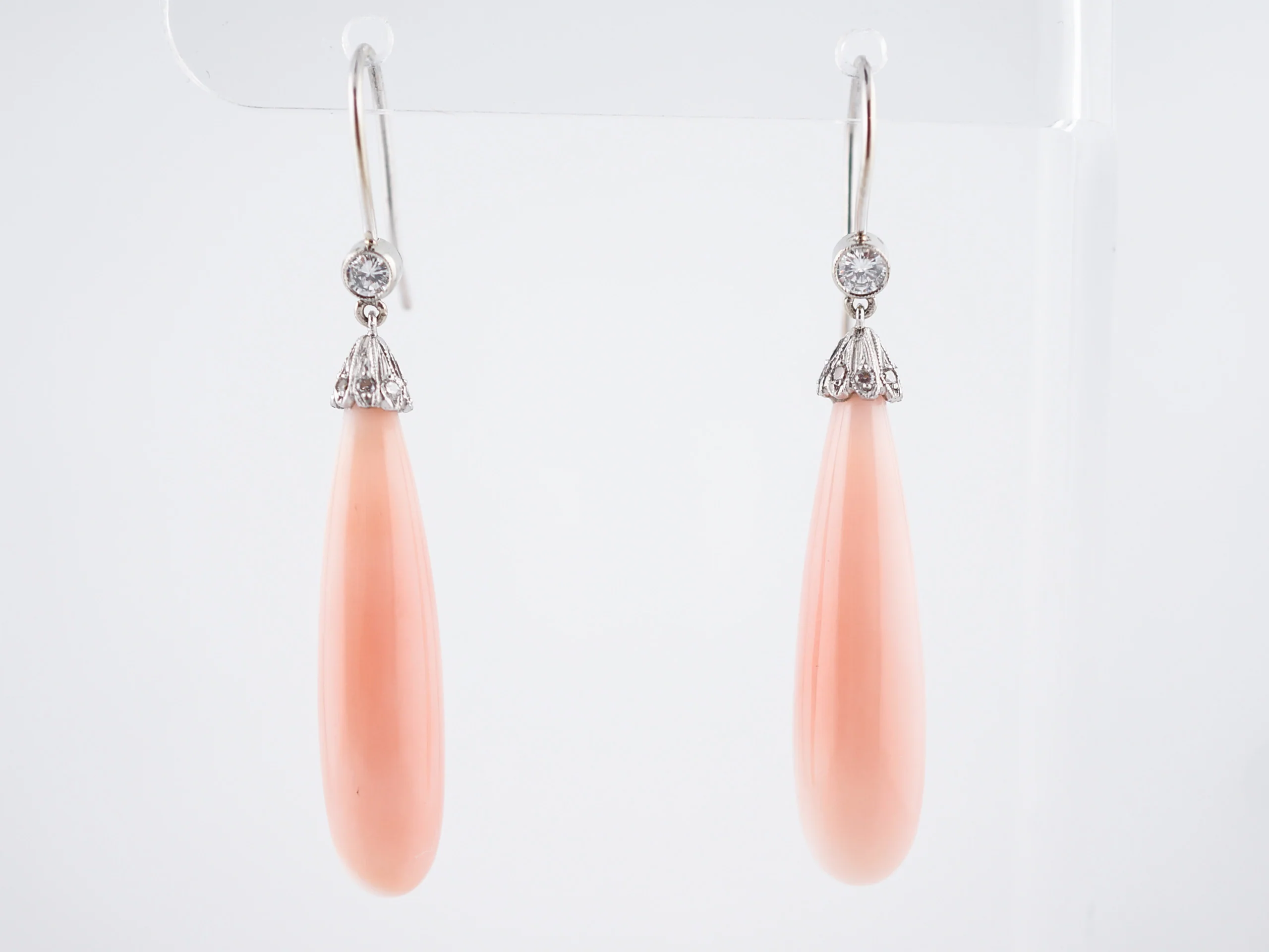 Antique Earrings Art Deco Cabochon Cut Angel Skin Coral & .22 Round Brilliant Cut Diamonds in 18K White Gold - Image 2