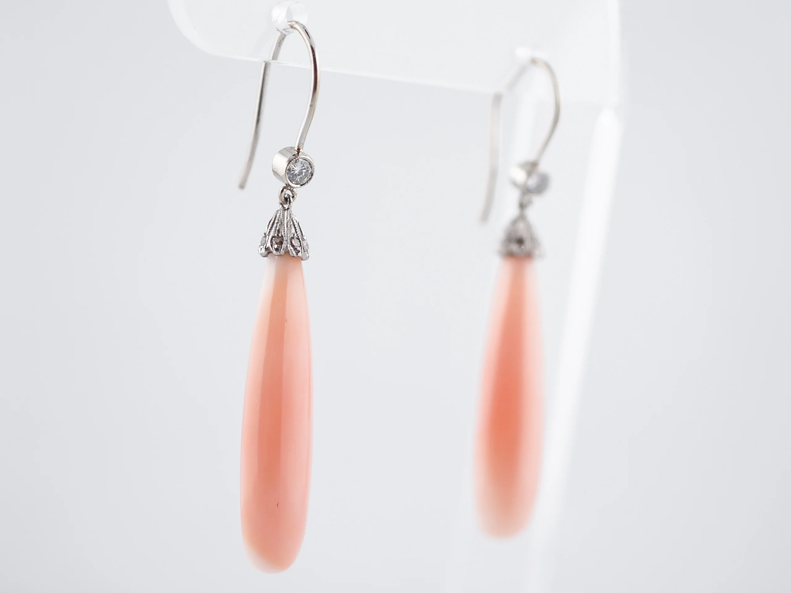 Antique Earrings Art Deco Cabochon Cut Angel Skin Coral & .22 Round Brilliant Cut Diamonds in 18K White Gold - Image 3