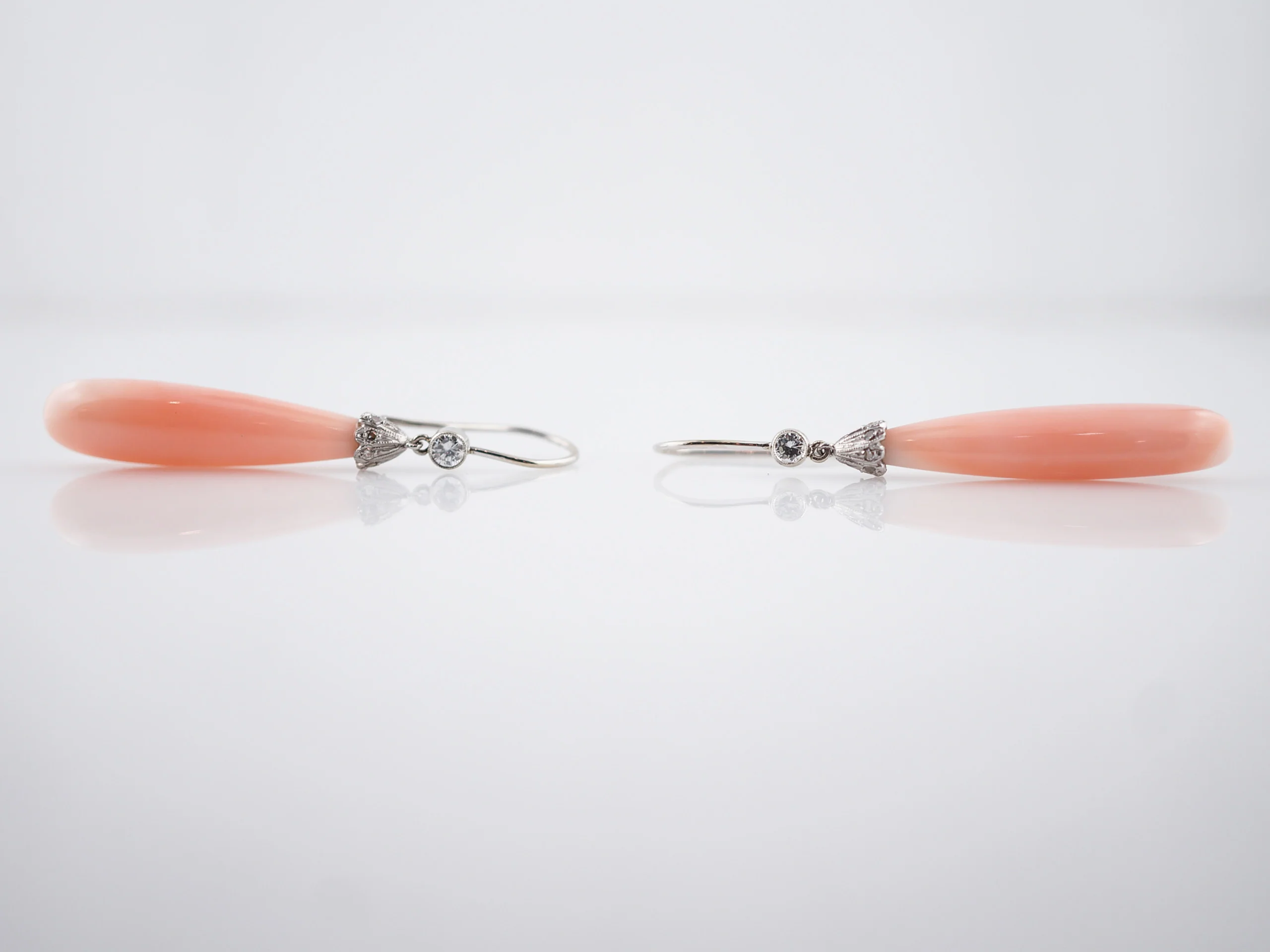 Antique Earrings Art Deco Cabochon Cut Angel Skin Coral & .22 Round Brilliant Cut Diamonds in 18K White Gold - Image 5