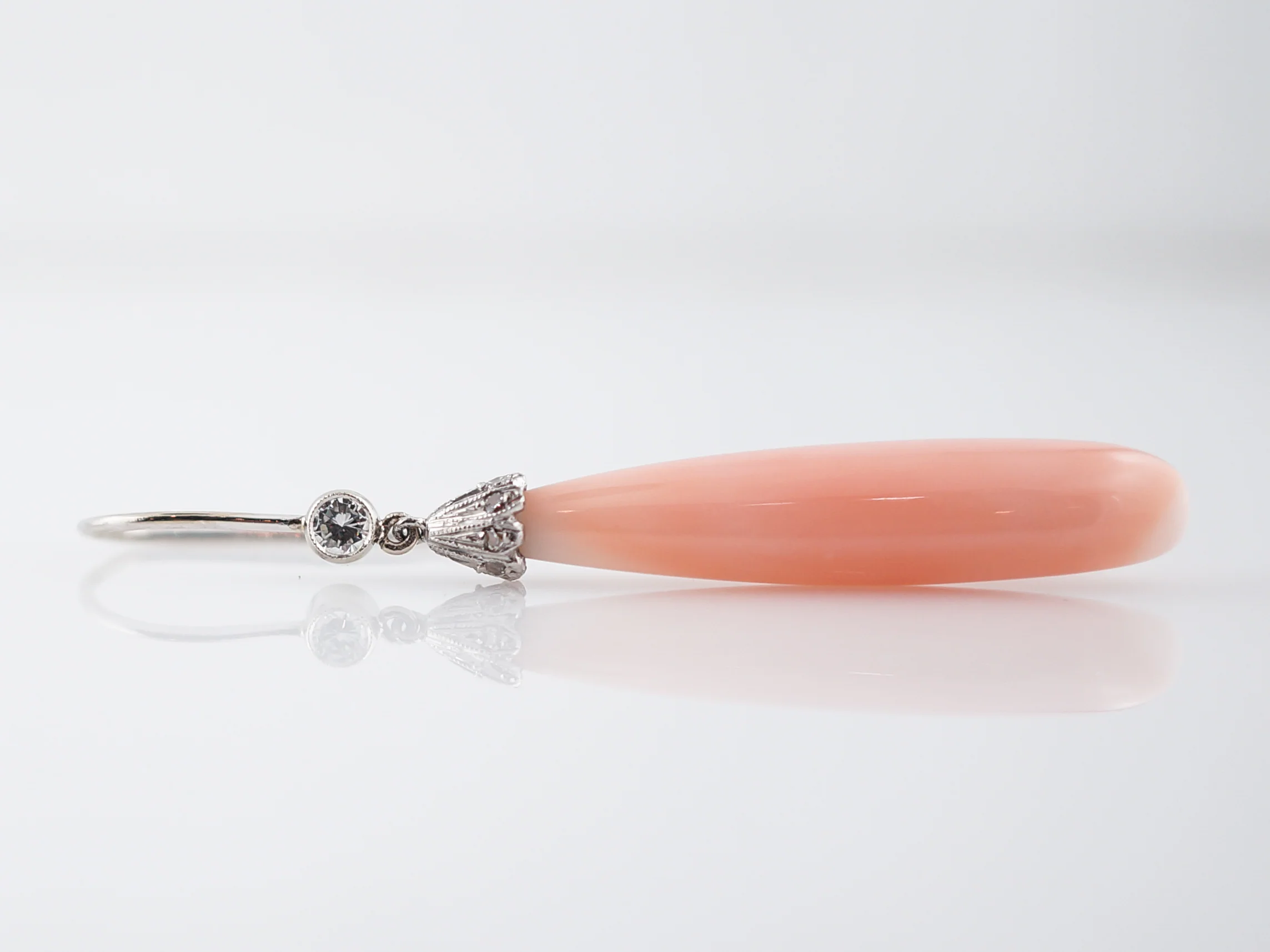 Antique Earrings Art Deco Cabochon Cut Angel Skin Coral & .22 Round Brilliant Cut Diamonds in 18K White Gold - Image 3