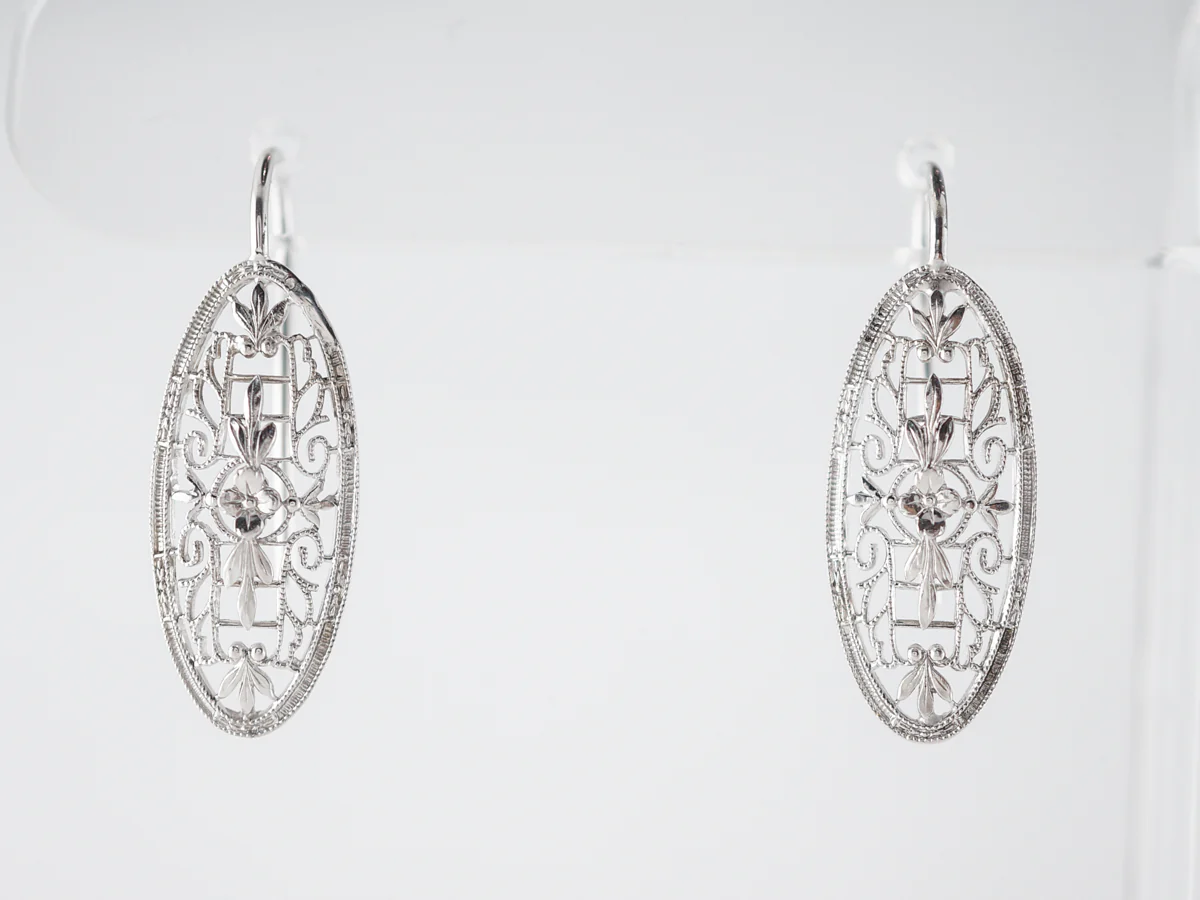 Antique Earrings Art Deco Filigree in 14k White Gold