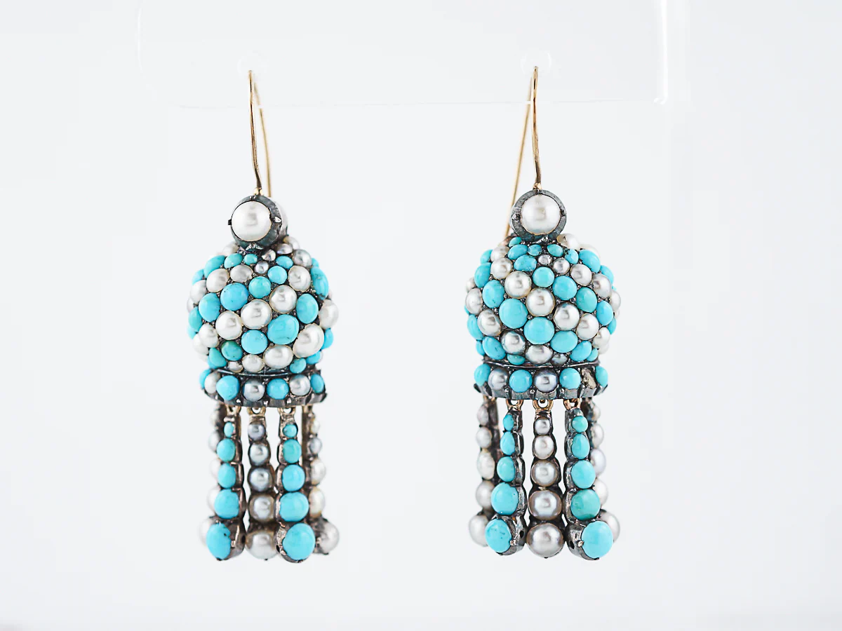 Antique Earrings Victorian Cabochon Cut Turquoise & Pearls in 14/15K Yellow Gold