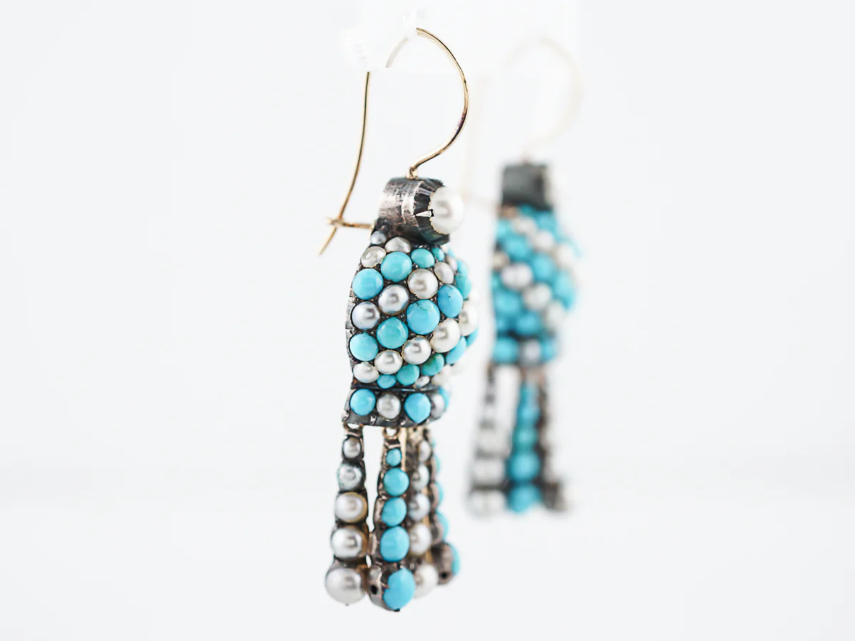 Antique Earrings Victorian Cabochon Cut Turquoise & Pearls in 14/15K Yellow Gold - Image 2