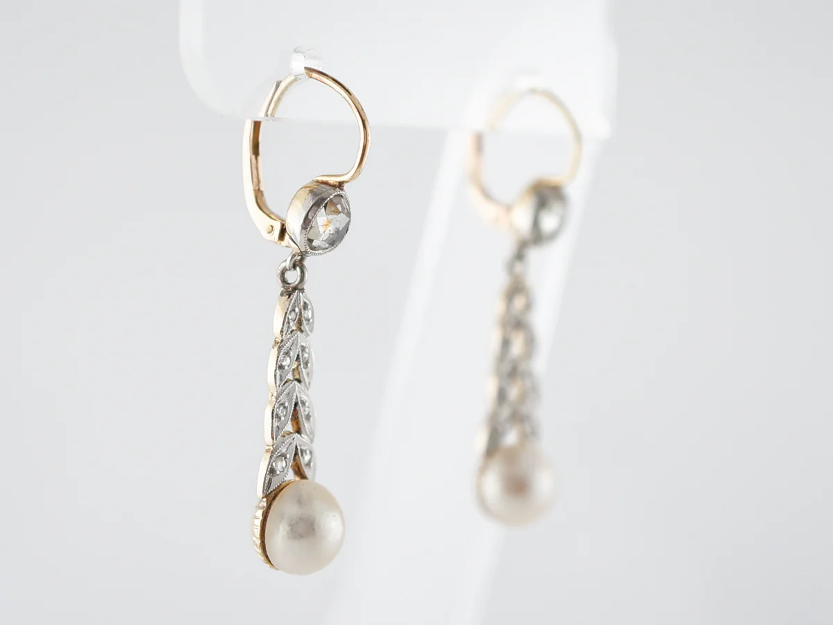 Antique Earrings Victorian Pearls &amp; .82 Rose Cut Diamonds in 14k Yellow Gold &amp; Platinum - Image 2