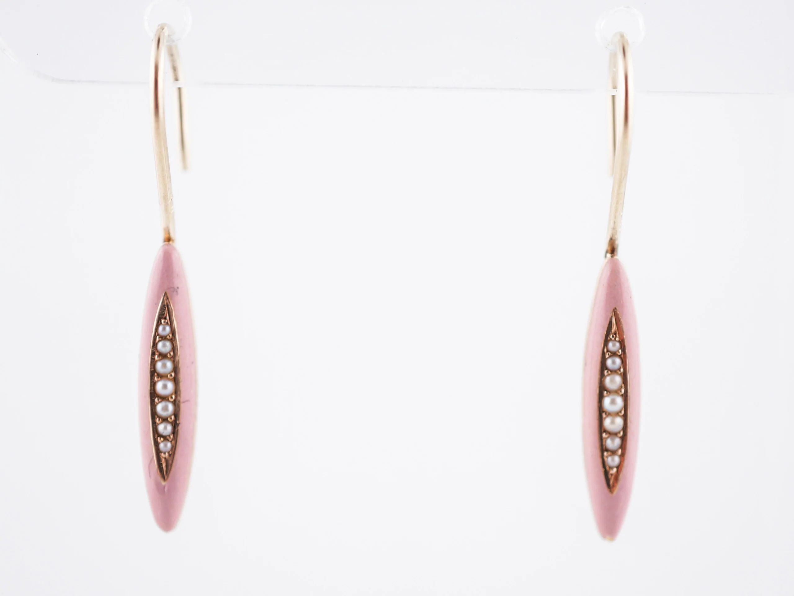 Antique Earrings Victorian Pink Enamel & Seed Pearls in 14k Yellow Gold