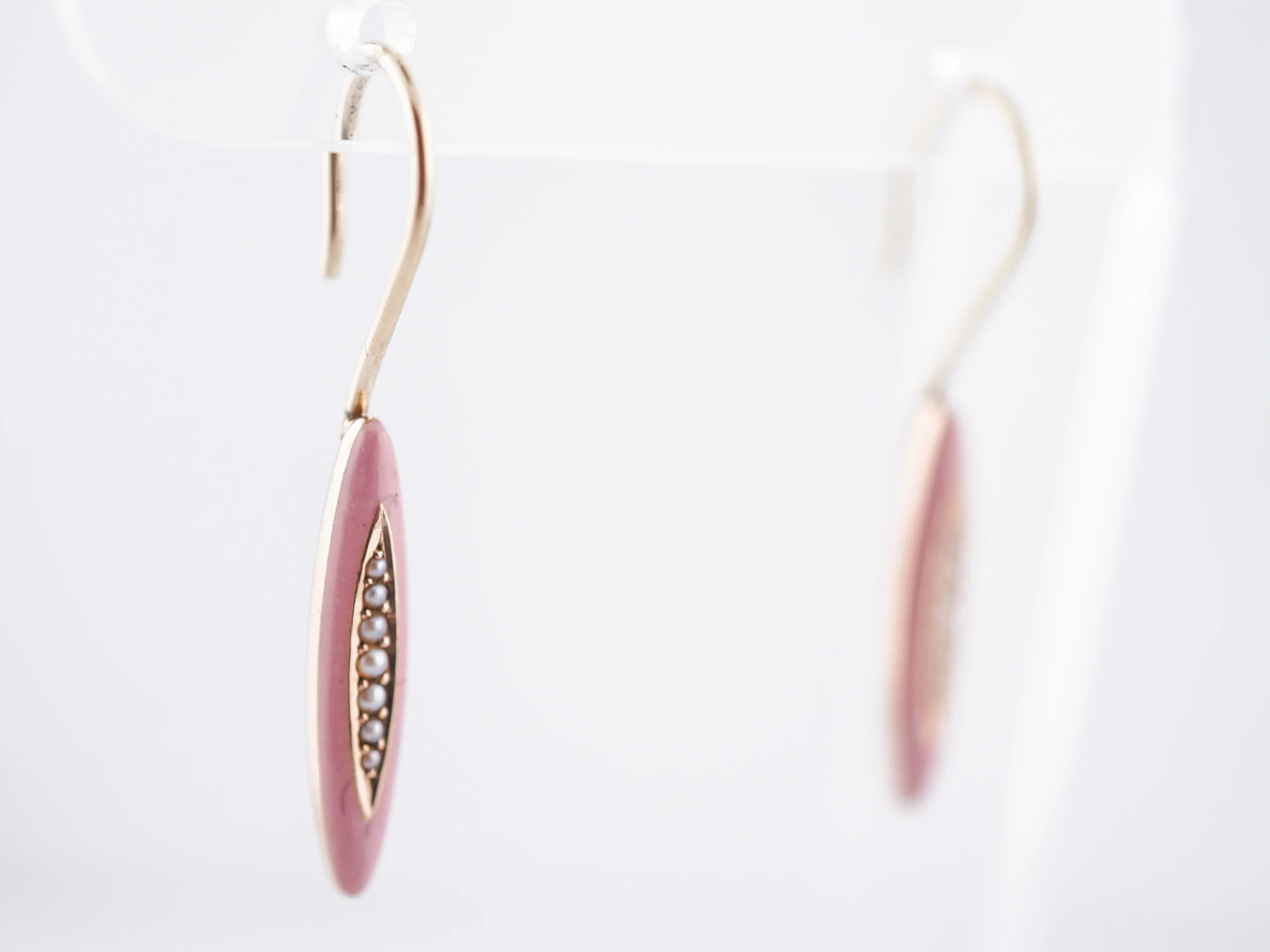 Antique Earrings Victorian Pink Enamel & Seed Pearls in 14k Yellow Gold - Image 2