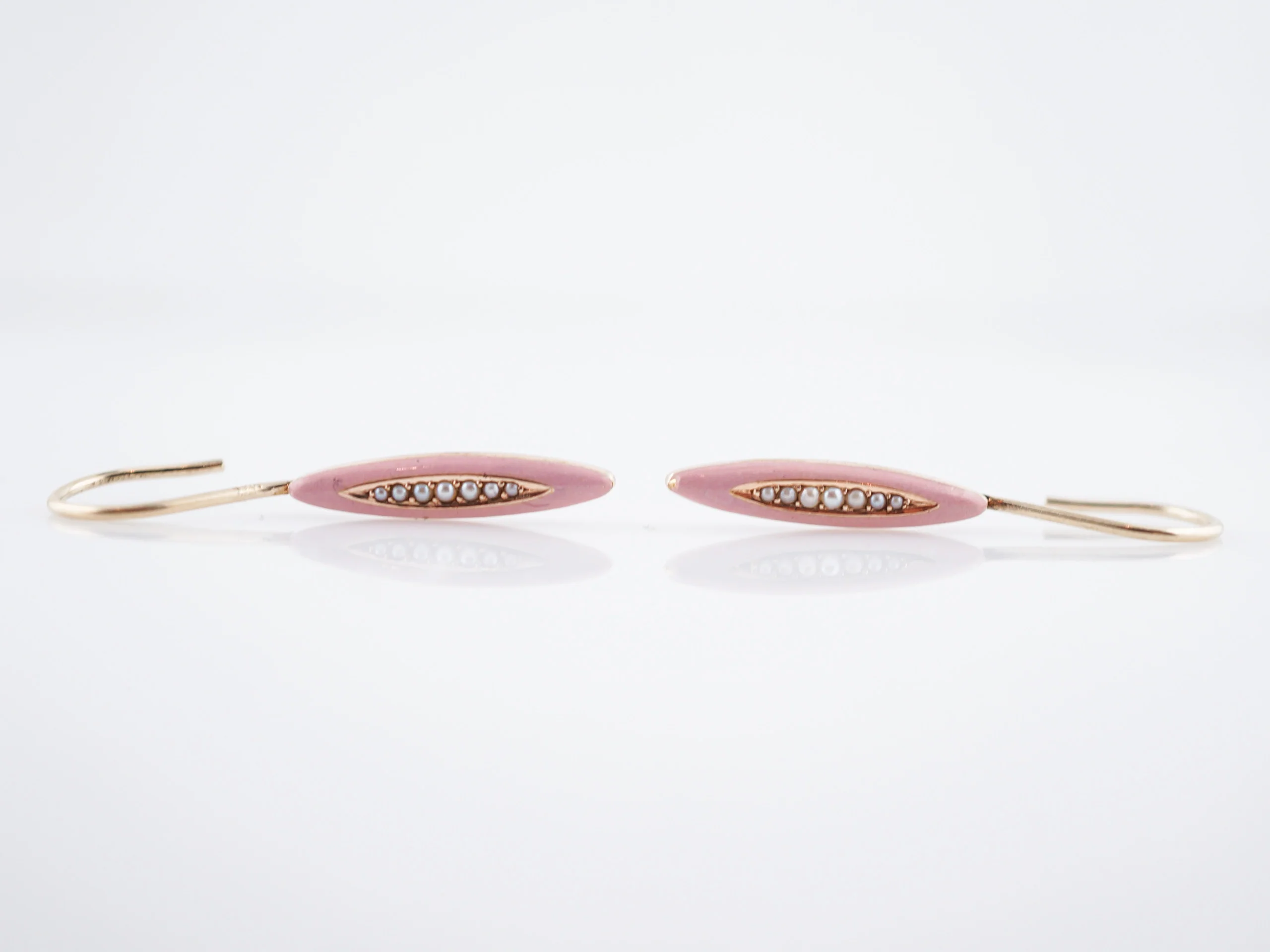 Antique Earrings Victorian Pink Enamel & Seed Pearls in 14k Yellow Gold - Image 3