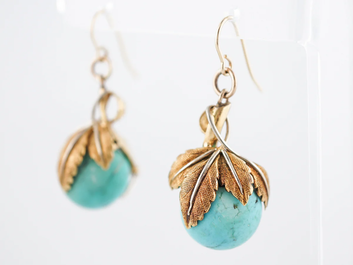 Antique Earrings Victorian Turquoise in 14k Yellow Gold - Image 3
