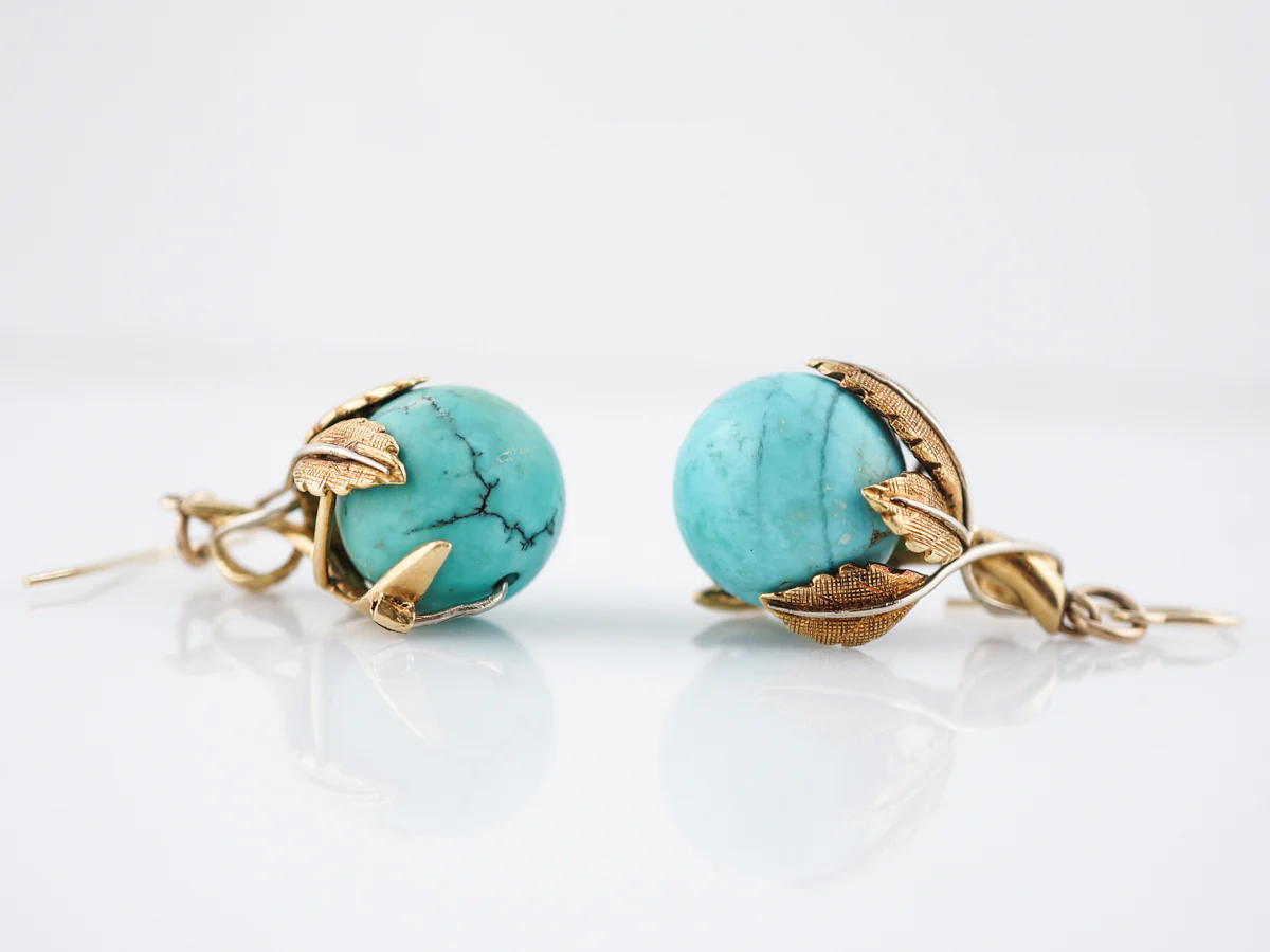 Antique Earrings Victorian Turquoise in 14k Yellow Gold - Image 4