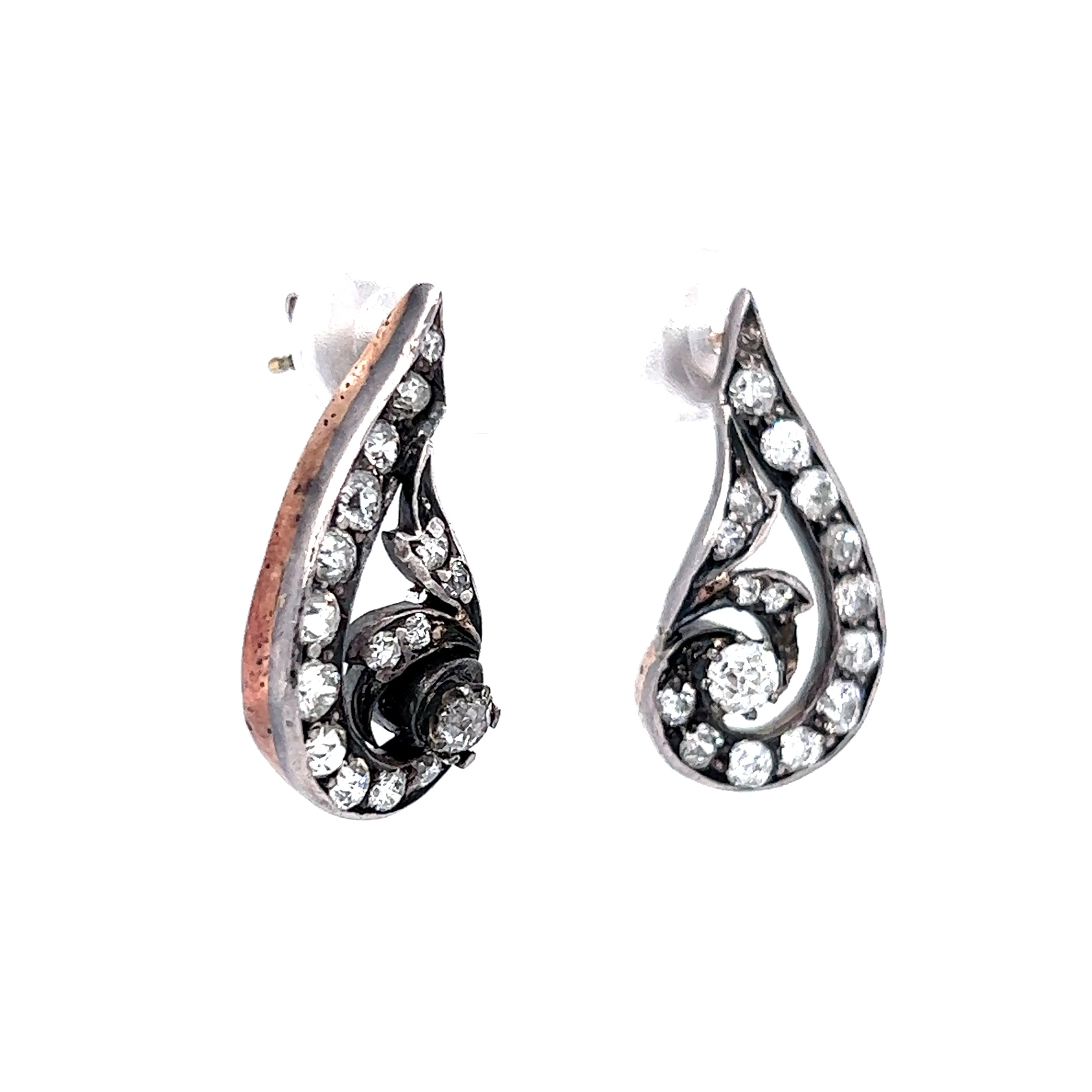Victorian/Art Nouveau Earrings .65 Old European Cut Diamonds in 18k Rose Gold & Sterling Silver - Image 3