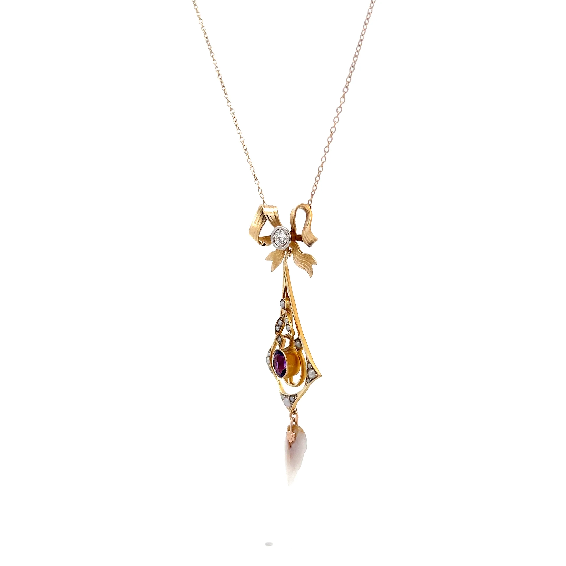 Antique Edwardian Amethyst & Diamond Pendant in 14k - Image 2