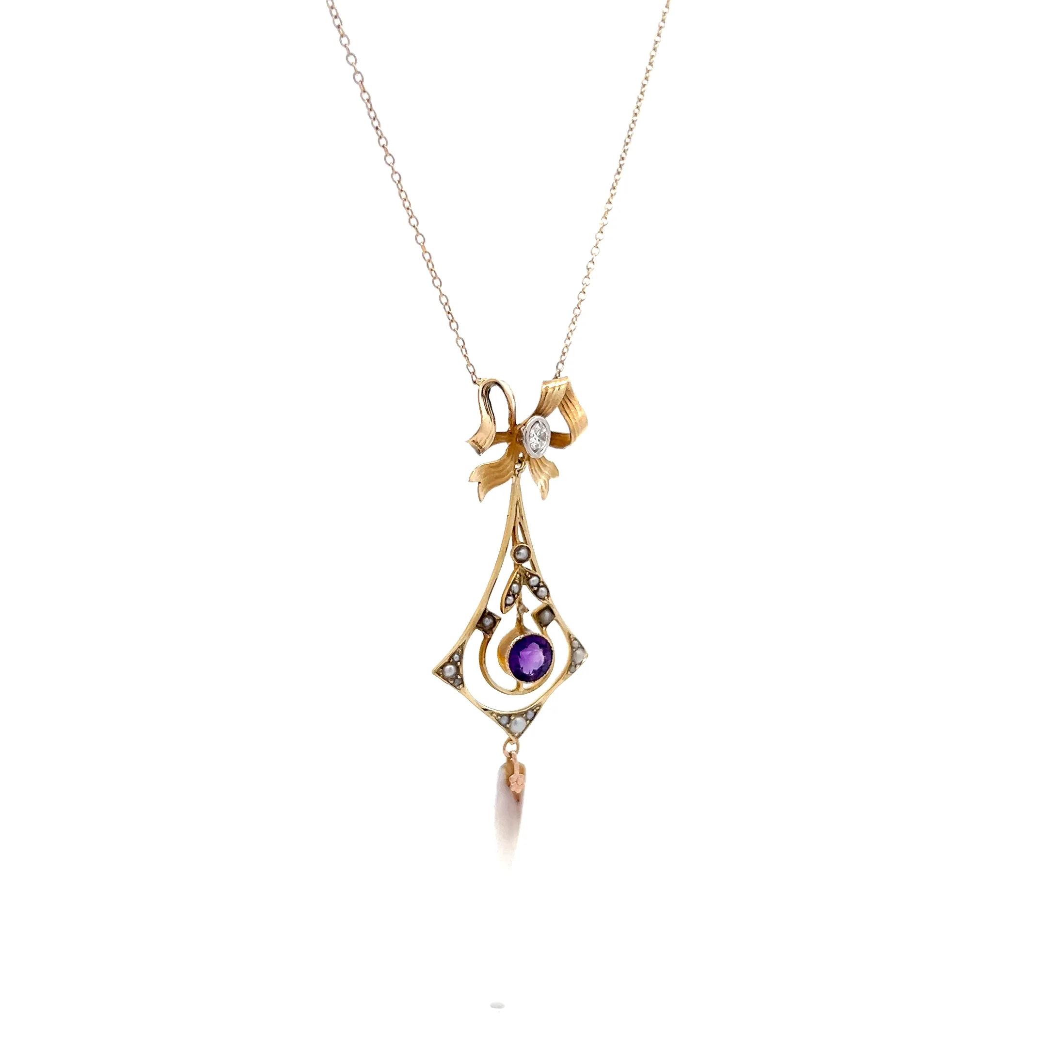 Antique Edwardian Amethyst & Diamond Pendant in 14k - Image 3