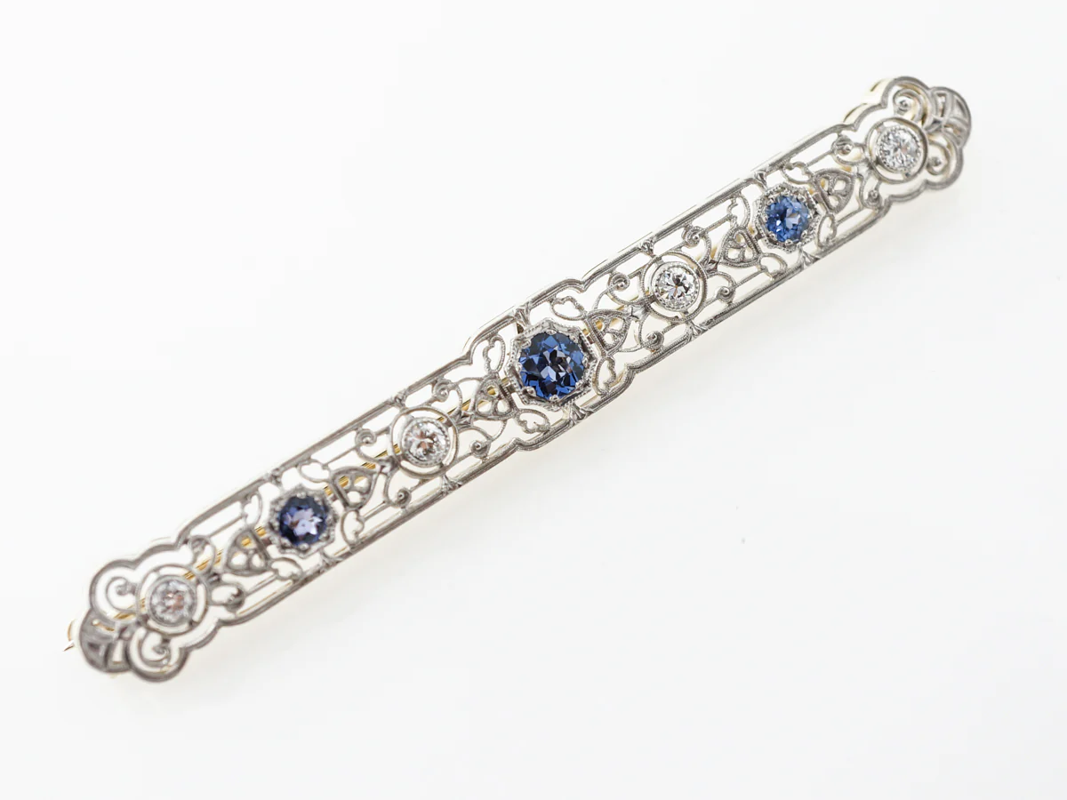 Antique Edwardian Brooch w/ Sapphire & Diamonds - Image 3