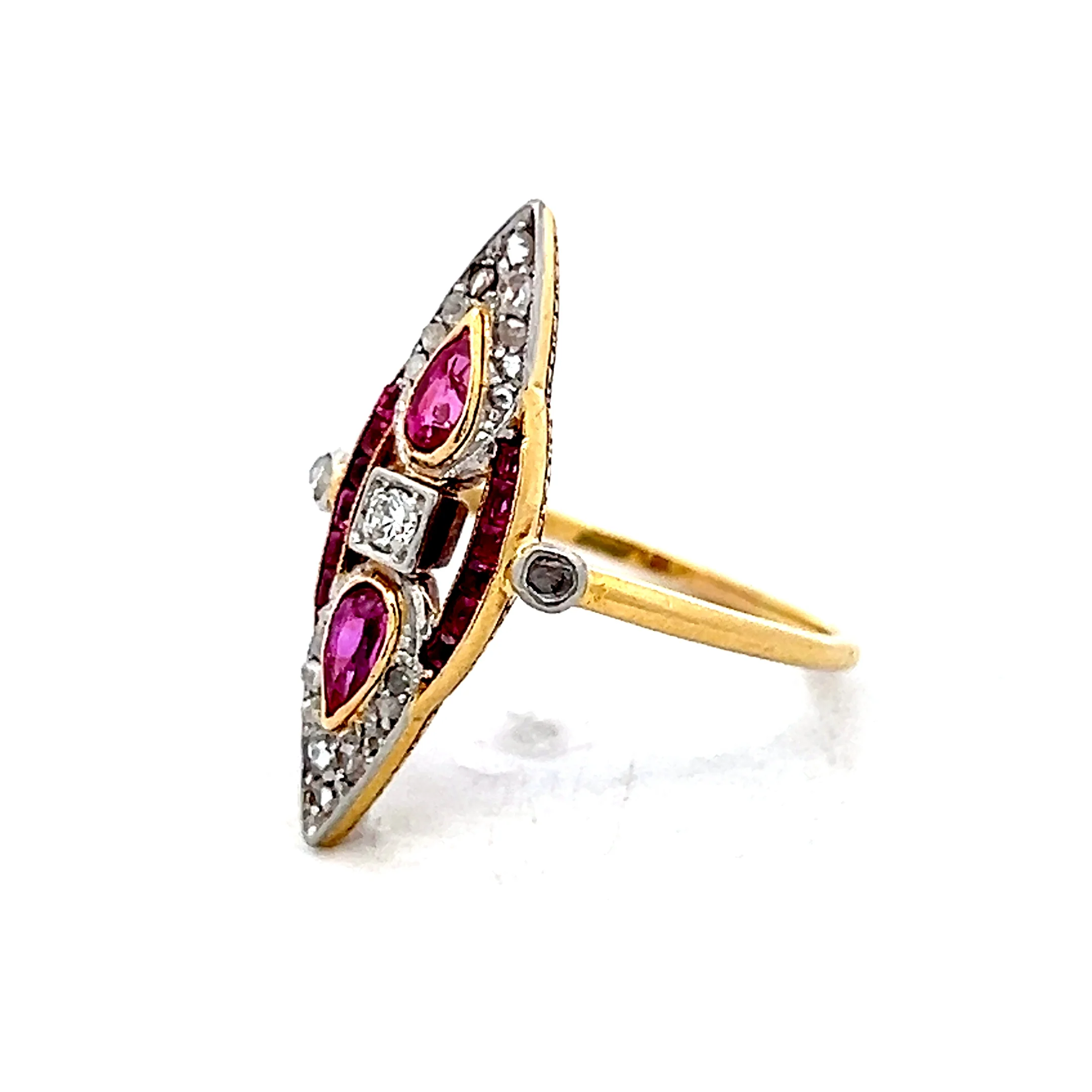 Antique Edwardian Ruby & Diamond Navette Ring 18k/Platinum - Image 2