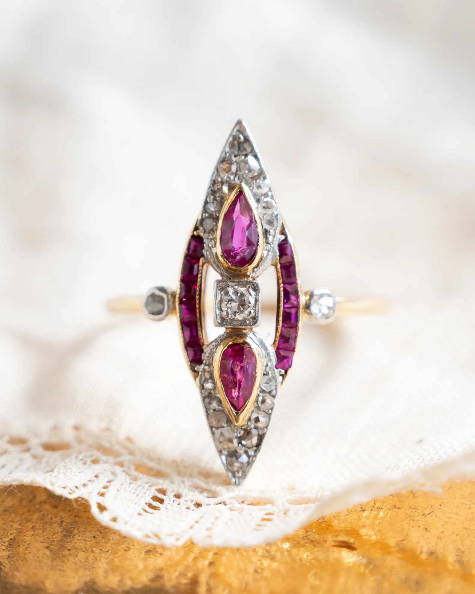 Antique Edwardian Ruby & Diamond Navette Ring 18k/Platinum - Image 6