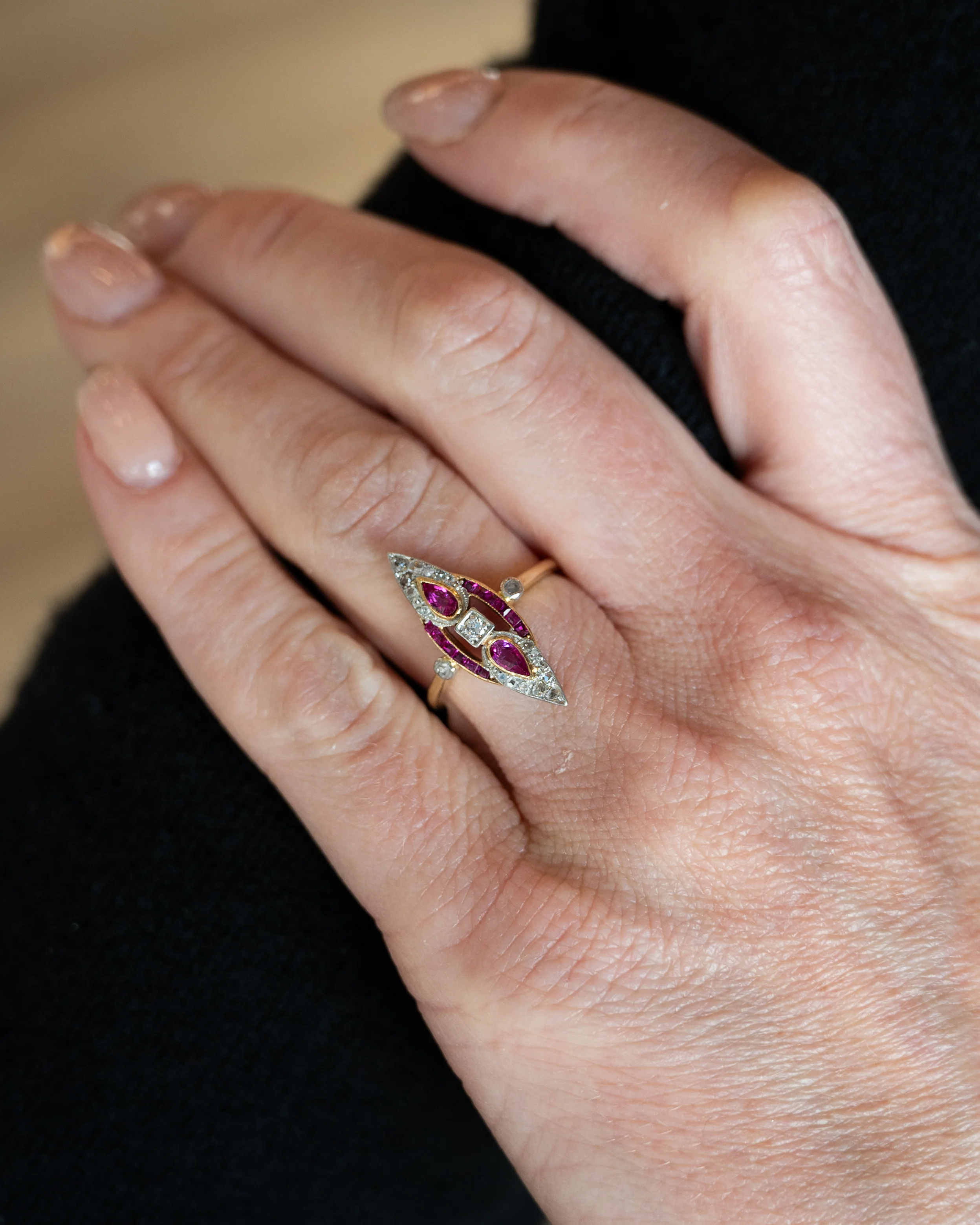 Antique Edwardian Ruby & Diamond Navette Ring 18k/Platinum - Image 7