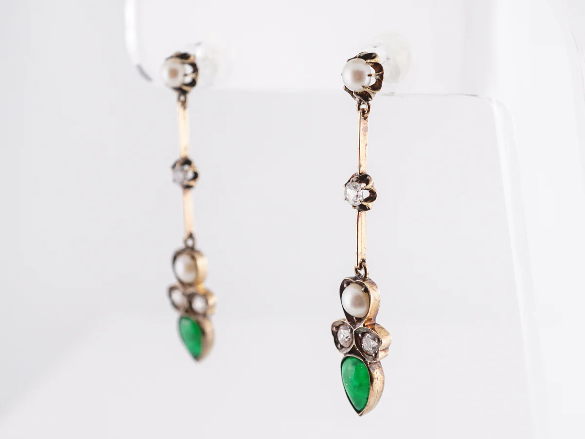 Antique Emerald and Pearl Earrings w/ Diamonds in Yellow Gold - Image 2