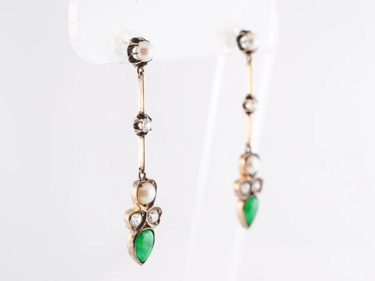 Antique Emerald and Pearl Earrings w/ Diamonds in Yellow Gold - Image 3