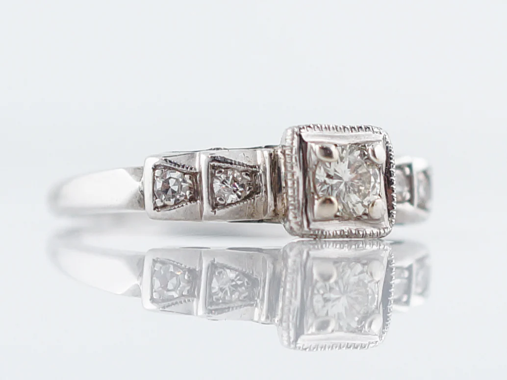 Antique Engagement Ring and Wedding Band Art Deco .20 Round Brilliant Cut Diamond in 14k White Gold - Image 3