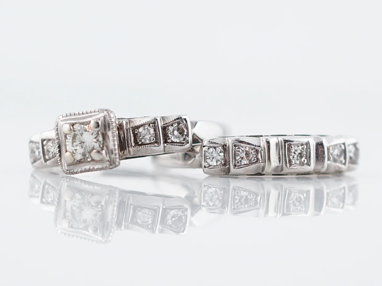 Antique Engagement Ring and Wedding Band Art Deco .20 Round Brilliant Cut Diamond in 14k White Gold - Image 5