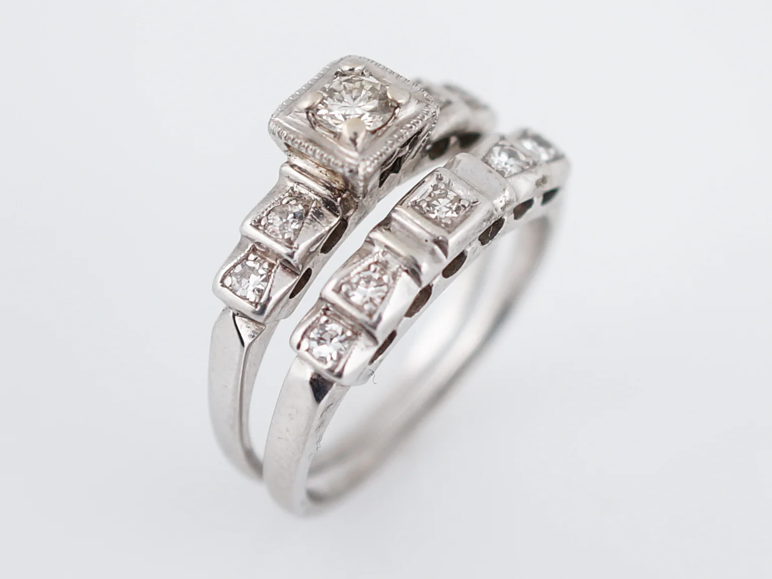 Antique Engagement Ring and Wedding Band Art Deco .20 Round Brilliant Cut Diamond in 14k White Gold - Image 6