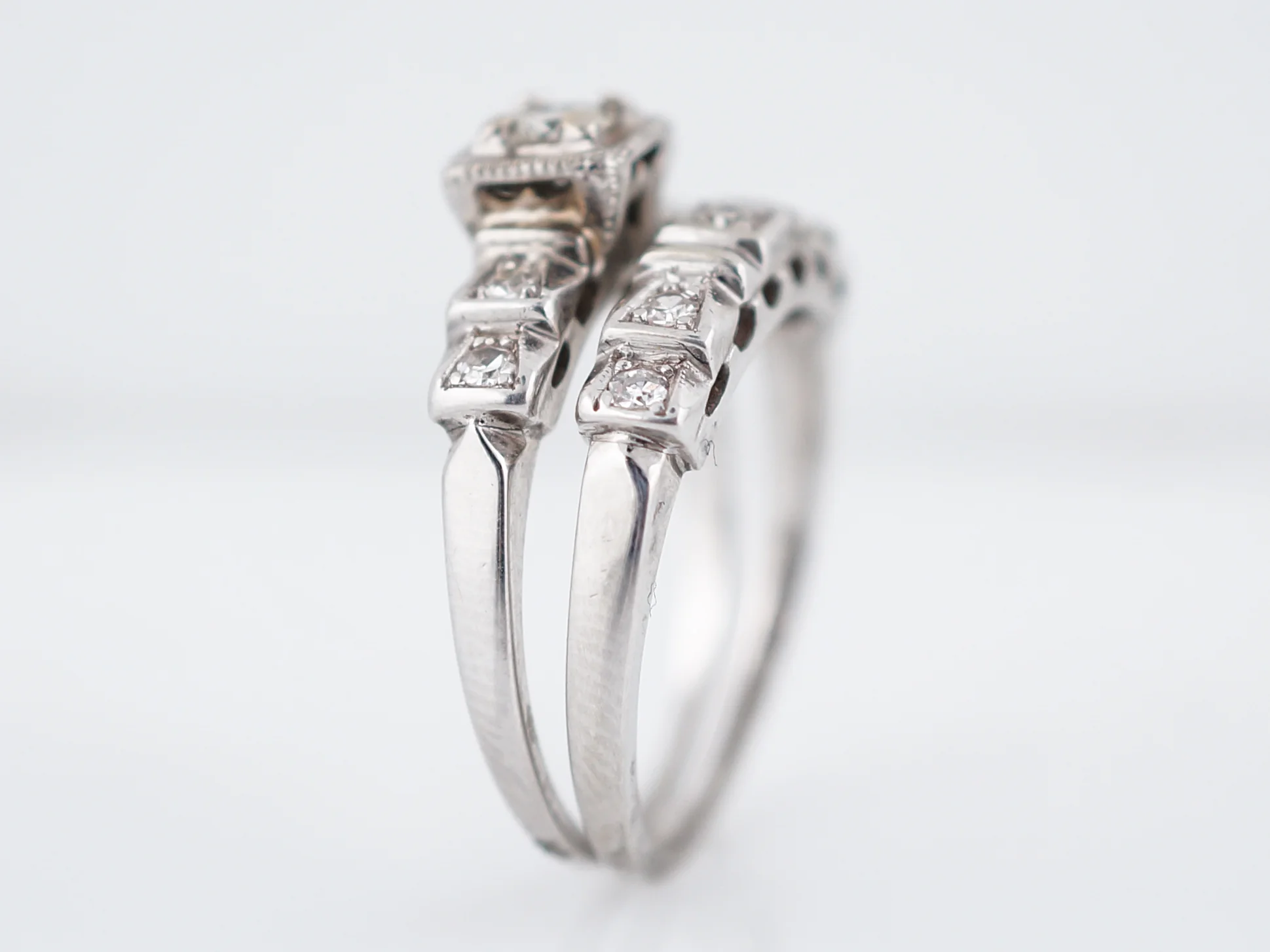 Antique Engagement Ring and Wedding Band Art Deco .20 Round Brilliant Cut Diamond in 14k White Gold - Image 7