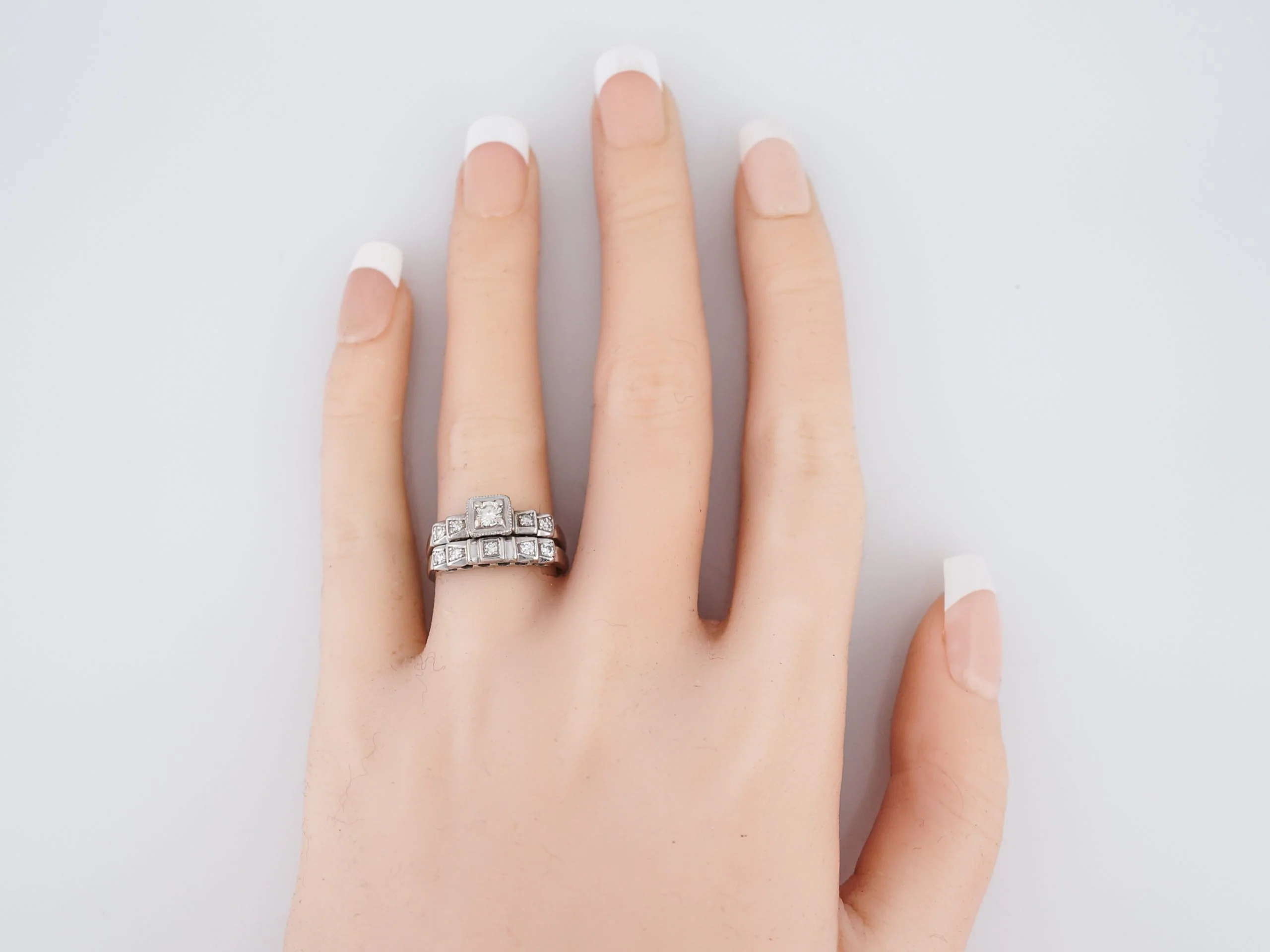 Antique Engagement Ring and Wedding Band Art Deco .20 Round Brilliant Cut Diamond in 14k White Gold - Image 8