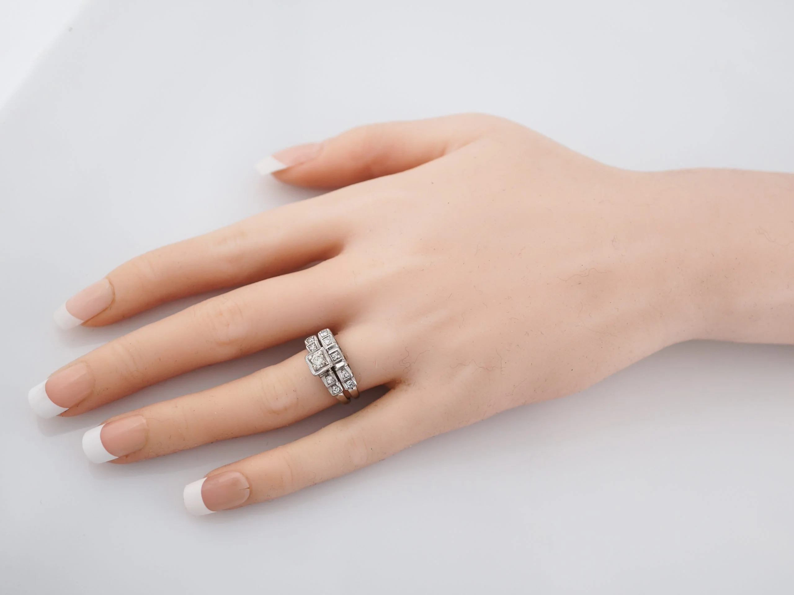 Antique Engagement Ring and Wedding Band Art Deco .20 Round Brilliant Cut Diamond in 14k White Gold - Image 9
