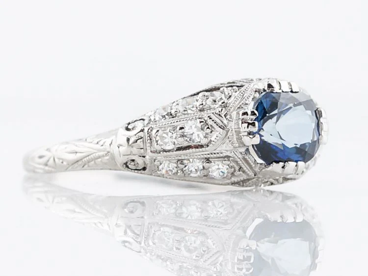 Antique Engagement Ring Art Deco 1.08 Cushion Cut Sapphire in Platinum - Image 2