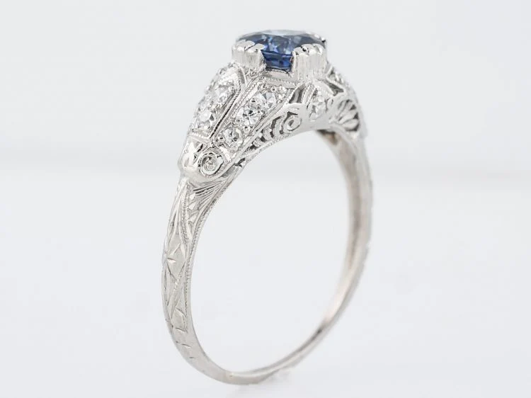 Antique Engagement Ring Art Deco 1.08 Cushion Cut Sapphire in Platinum - Image 5