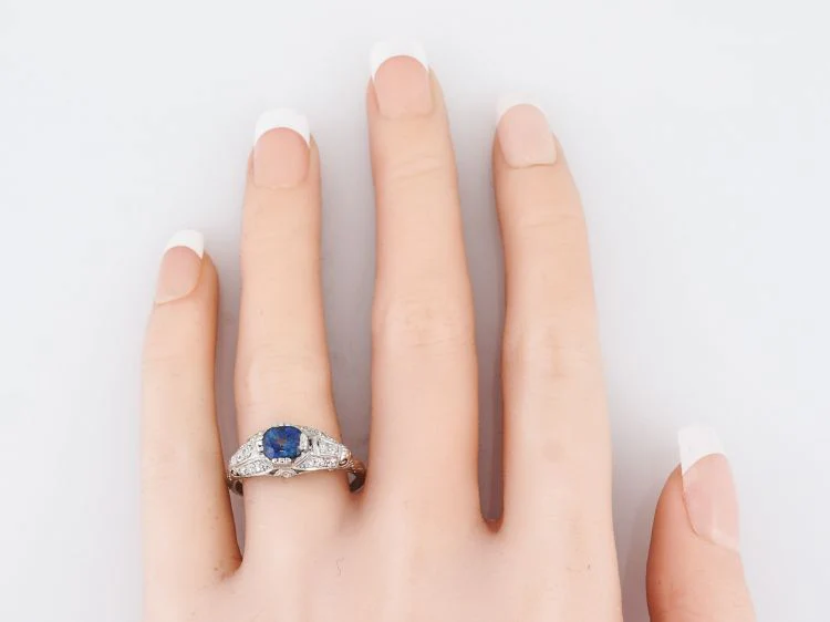 Antique Engagement Ring Art Deco 1.08 Cushion Cut Sapphire in Platinum - Image 6