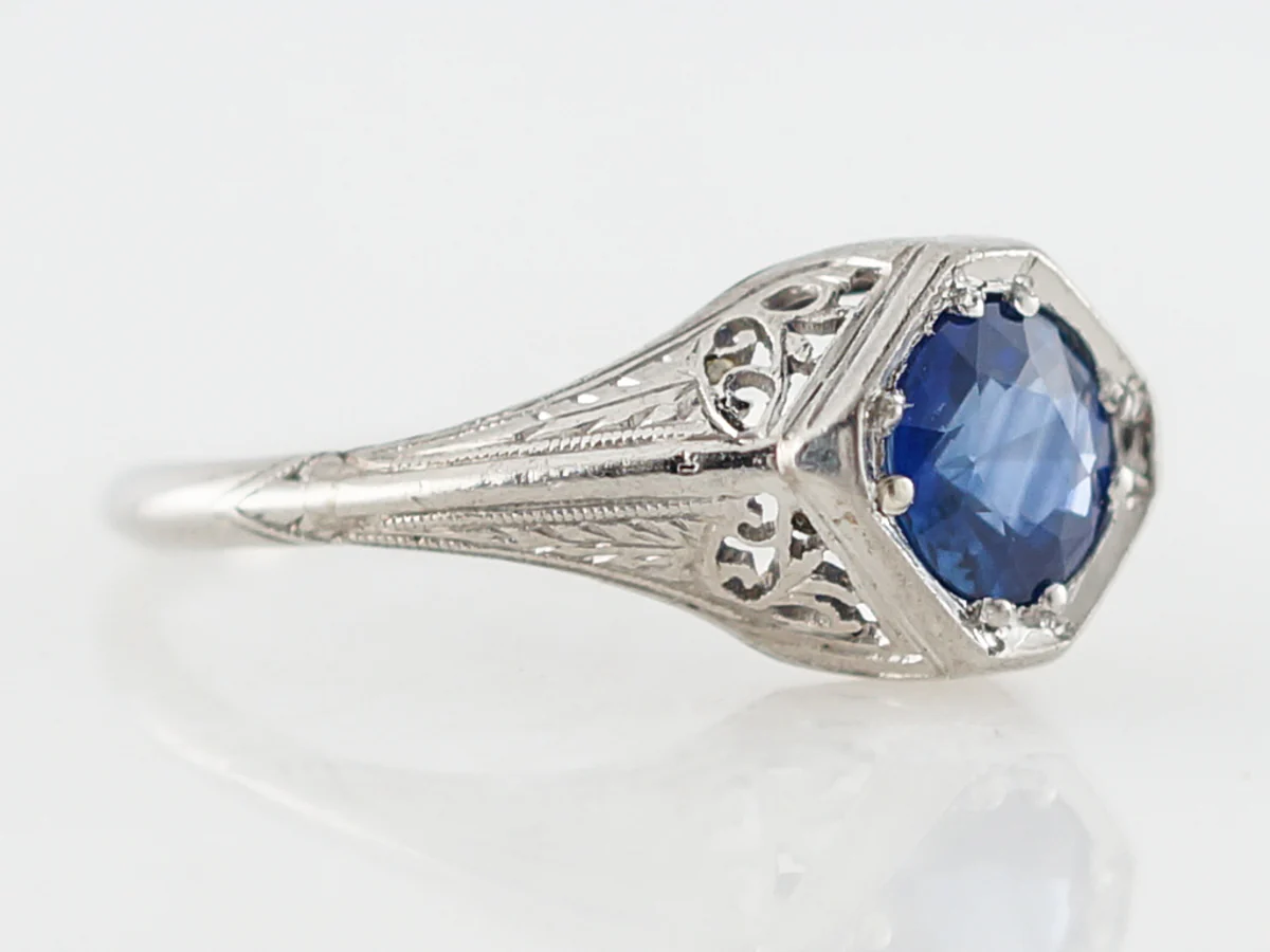 Antique Engagement Ring Art Deco 1.10 Round Cut Sapphire in Platinum - Image 3